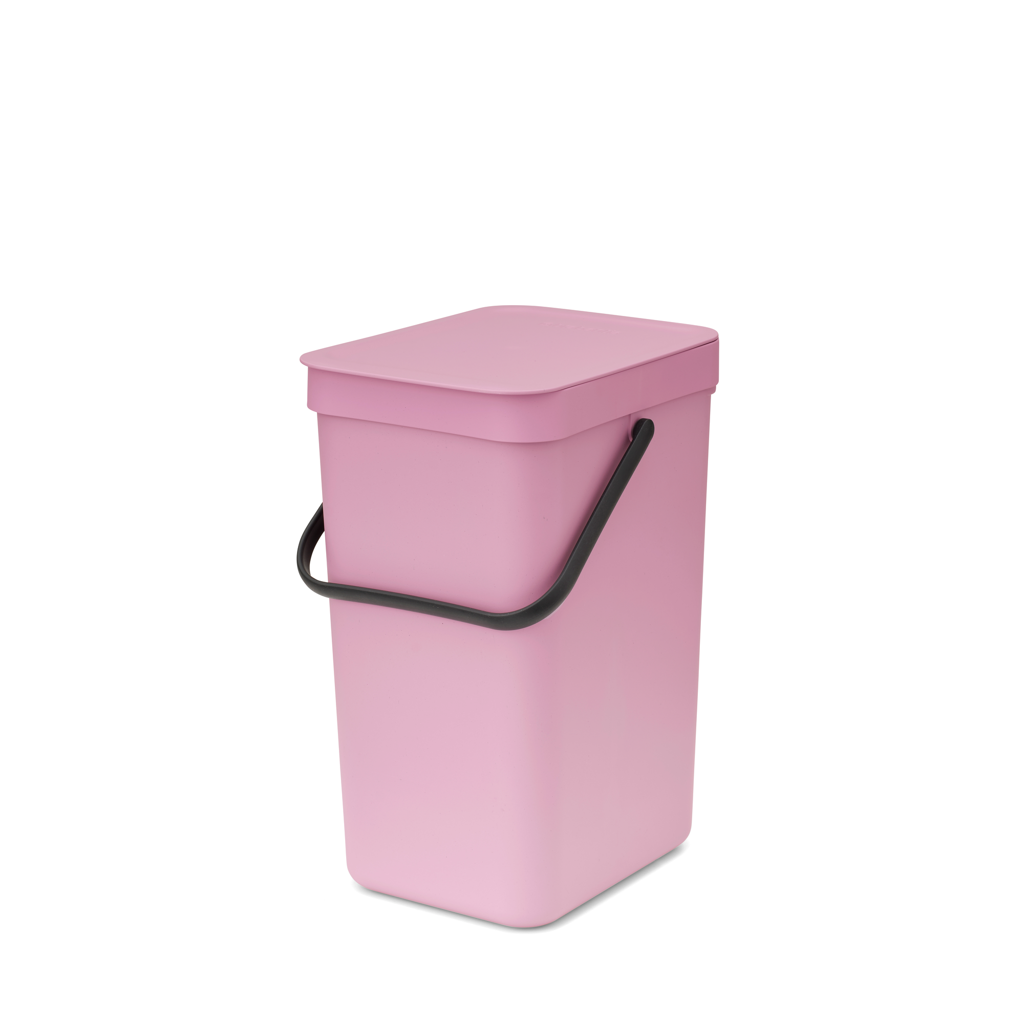 Een roze prullenbak met een zwart handvat en deksel, op een witte achtergrond.