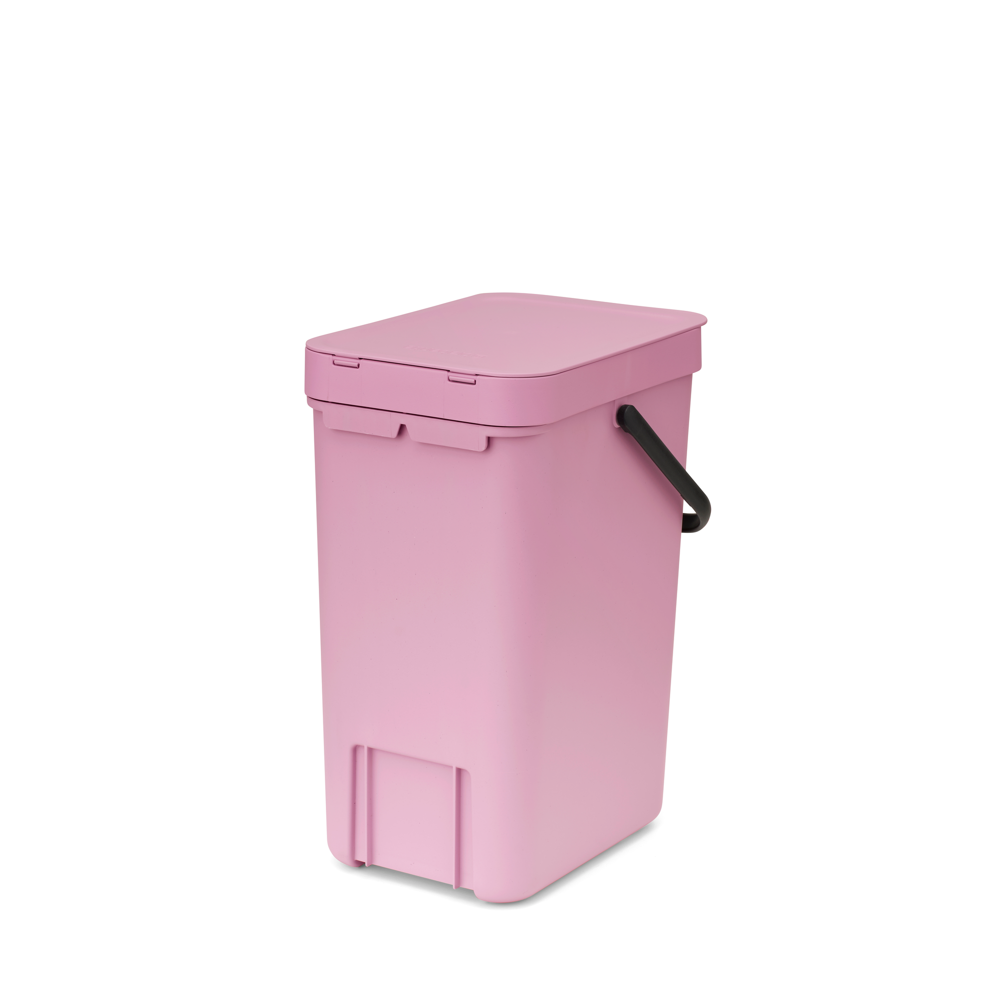 Een roze prullenbak met een zwart handvat en deksel.