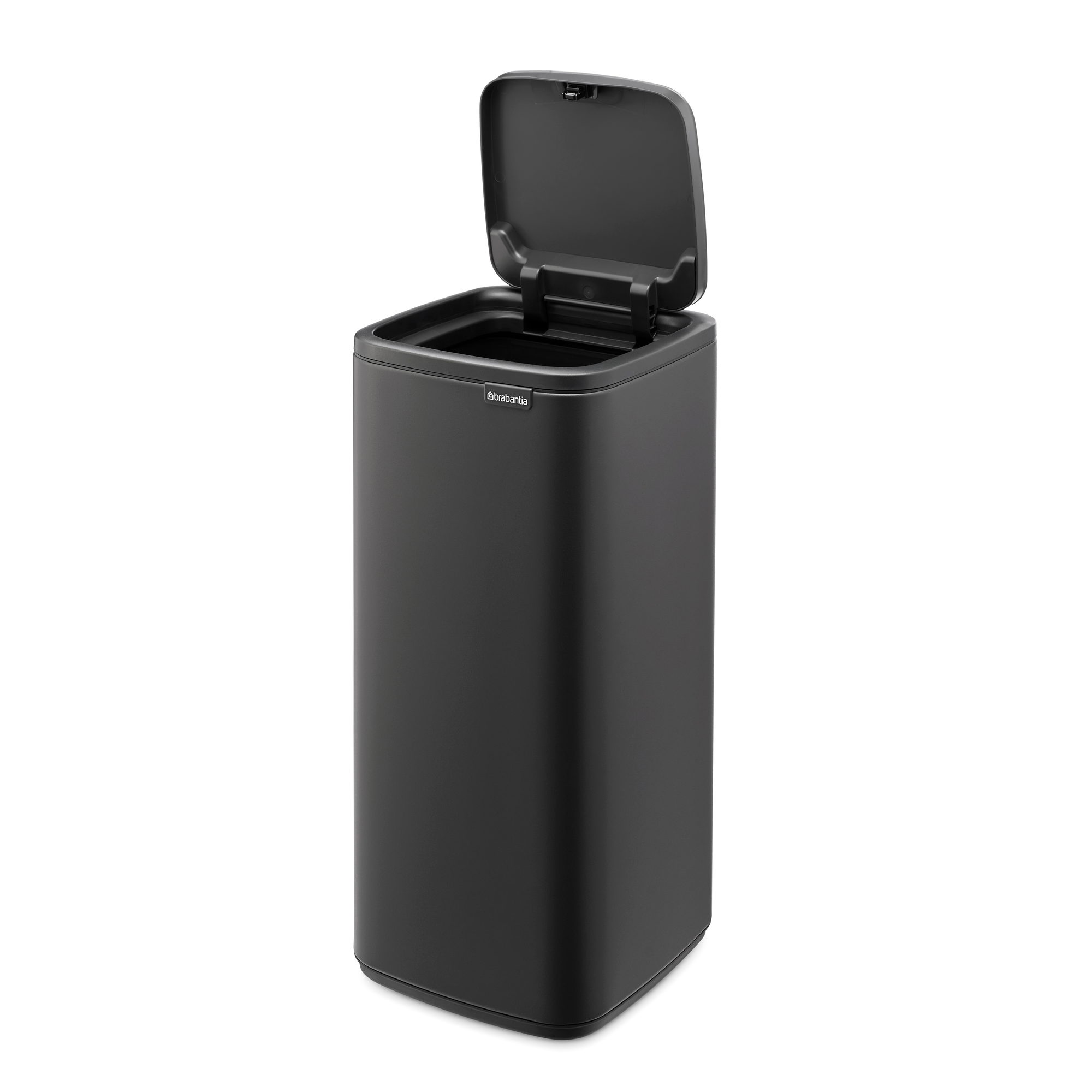Een donkergrijze Brabantia prullenbak met open deksel, op witte achtergrond.
