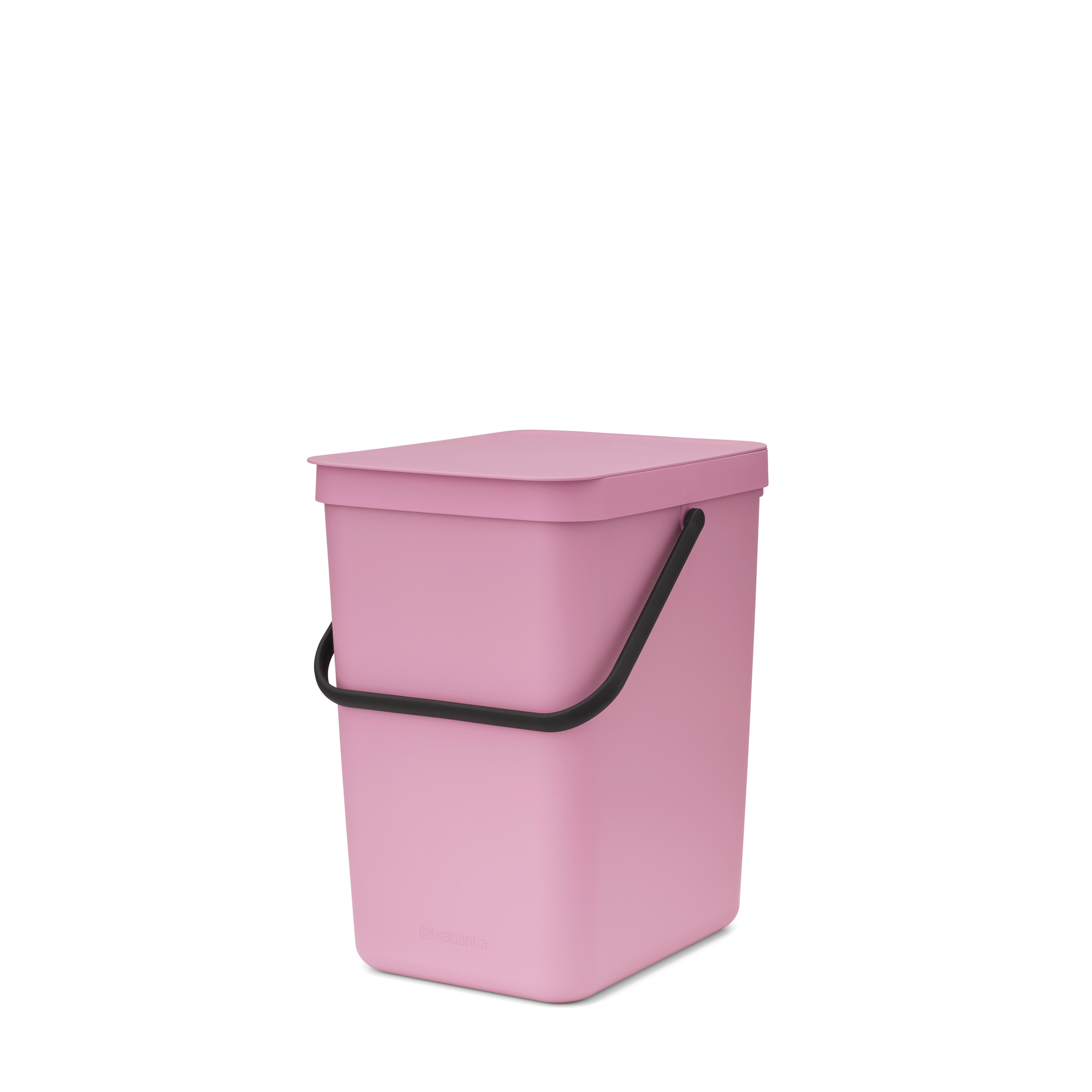 Een roze bak met een zwart handvat en deksel, op witte achtergrond.