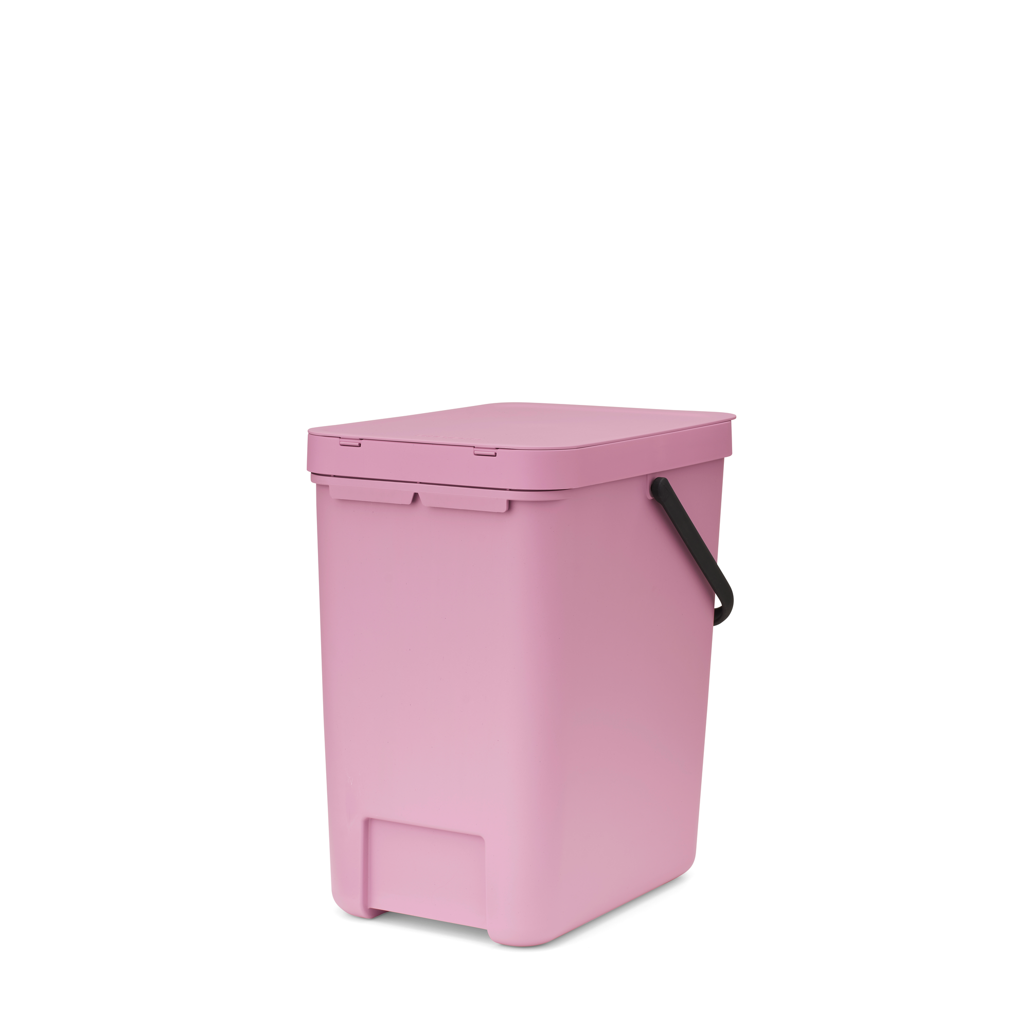 Een roze prullenbak met een zwart handvat en deksel.