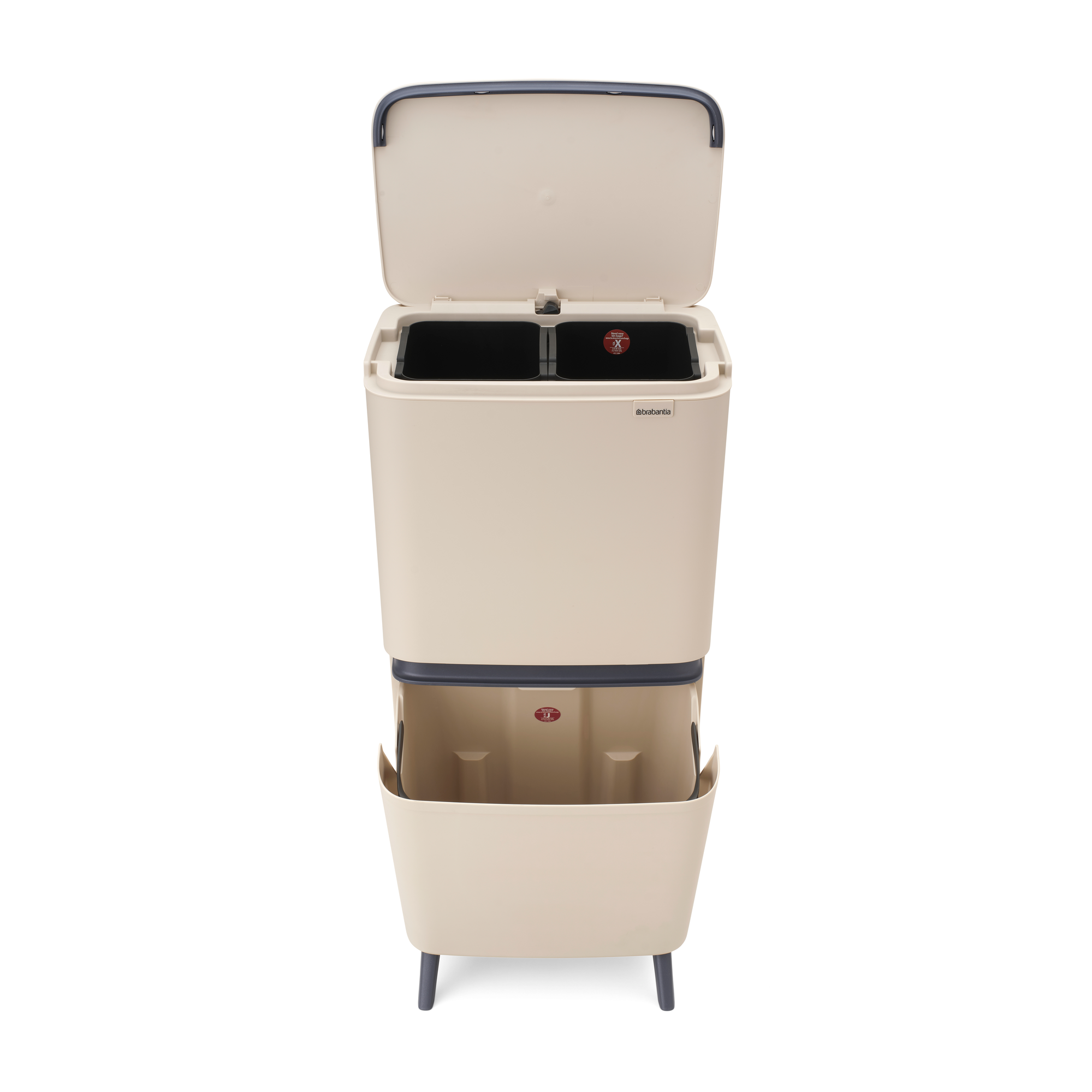 Beige Brabantia prullenbak met twee vakken en open deksel.