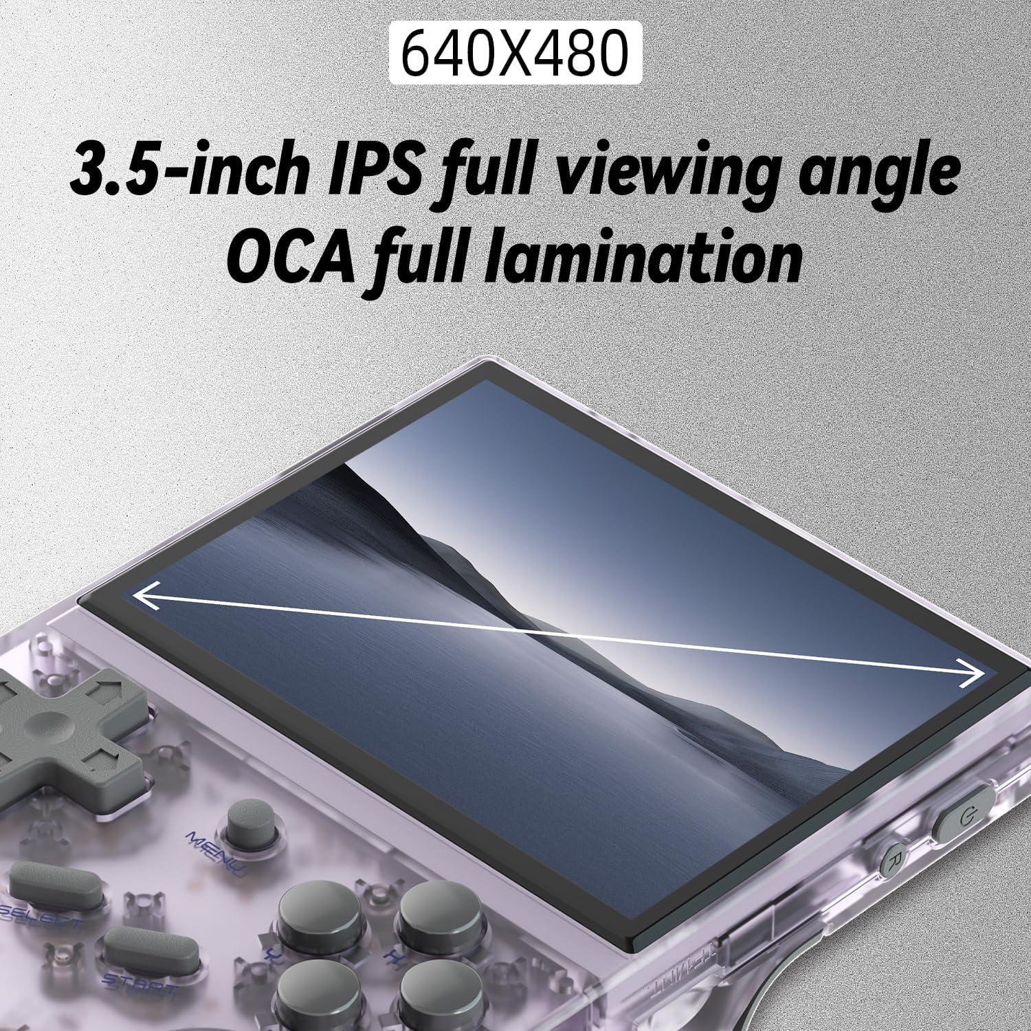 Een handheld gameapparaat met doorzichtige behuizing, grijze knoppen en een 3,5-inch IPS-scherm.
