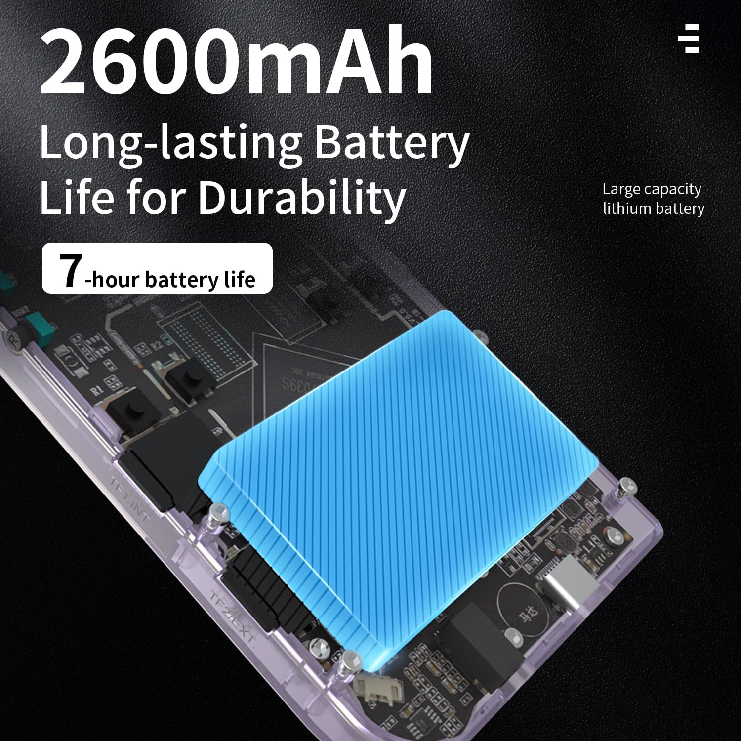 Een blauw accupack op een printplaat met tekst over 2600mAh.