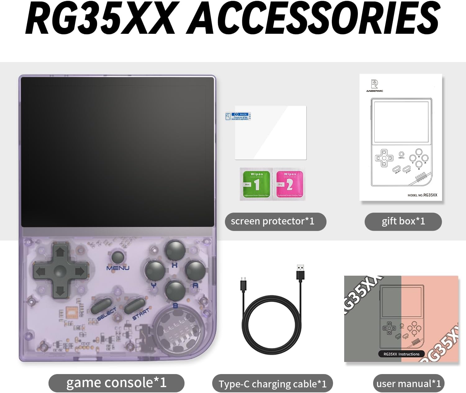 RG35XX accessoires: spelconsole, oplaadkabel, schermprotector, handleiding, geschenkdoos.