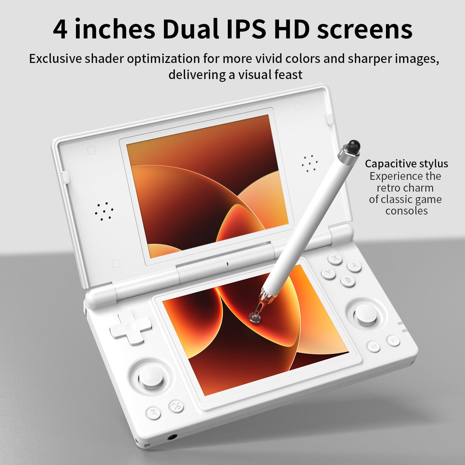 Een wit handheld gameapparaat met twee schermen en een stylus.