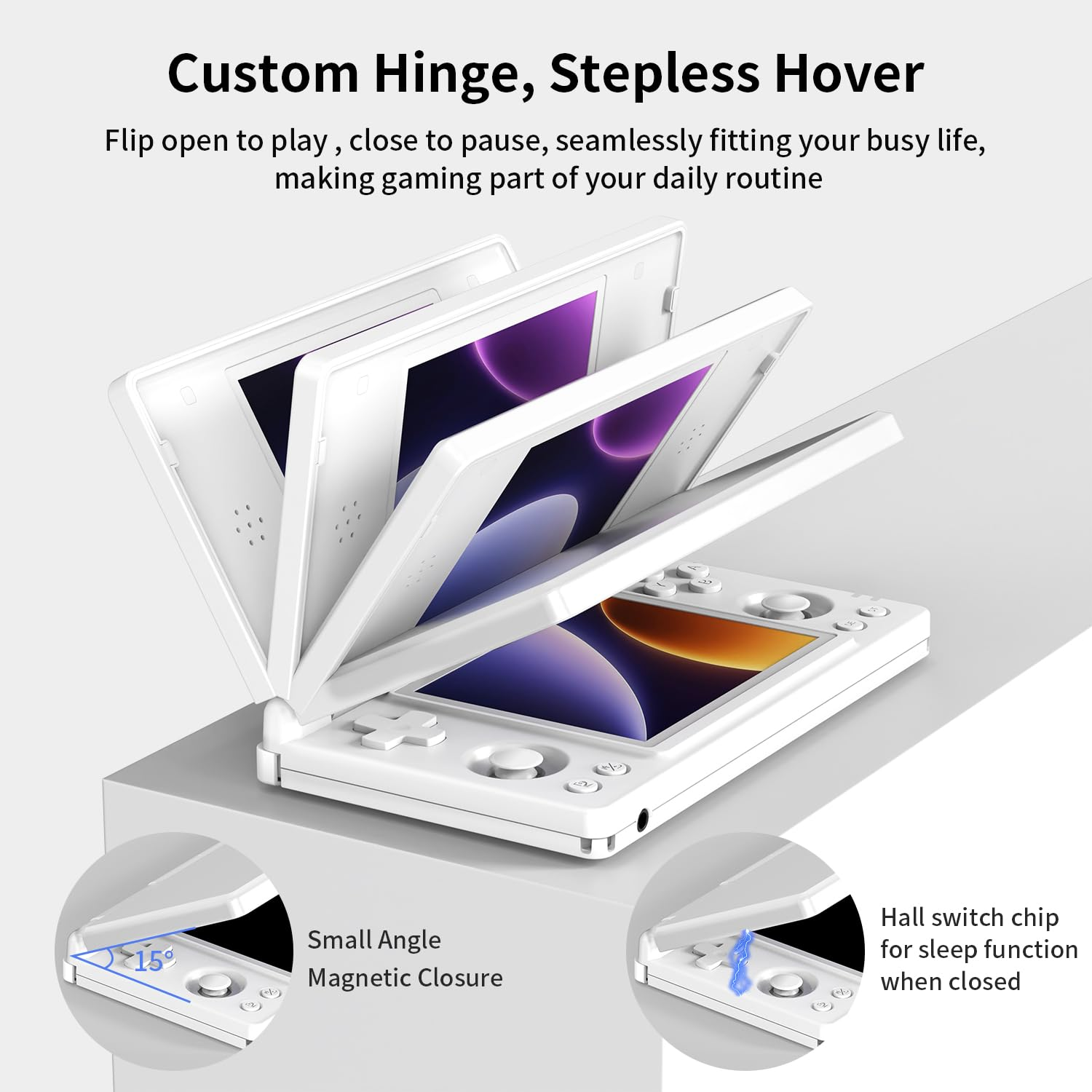 Witte handheld console met scharnierende schermen. Magnetische sluiting.