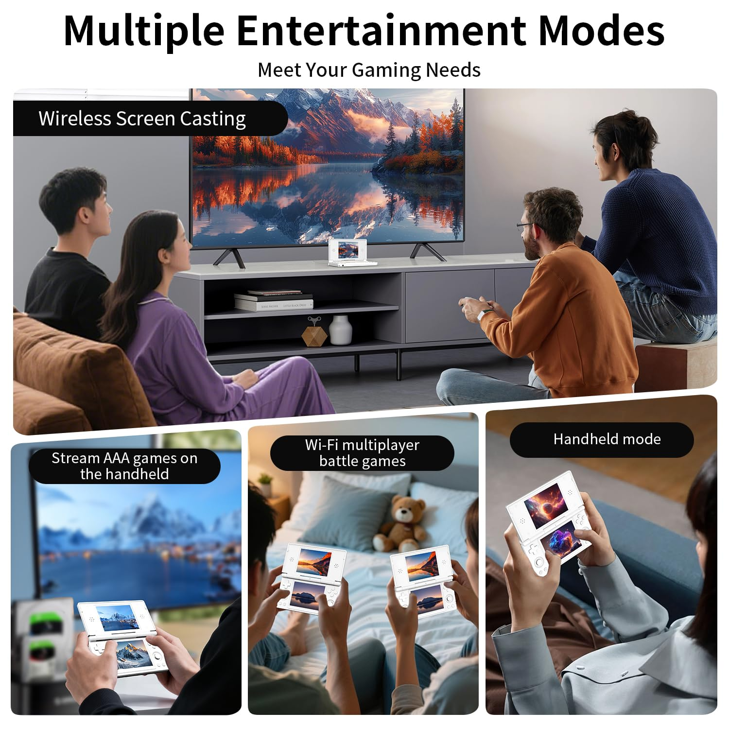 Meerdere entertainmentmodi: draadloos casten, handheld gaming en multiplayer.