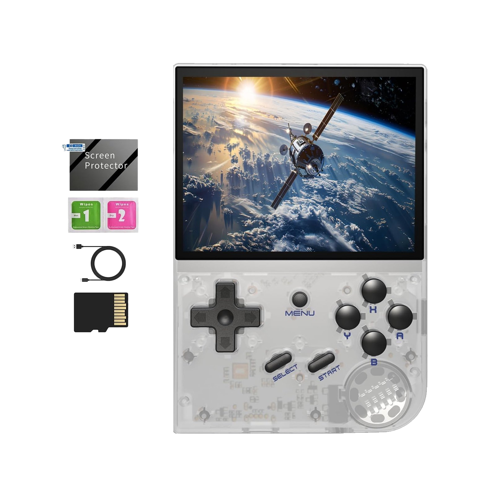 Een handheld gameapparaat met een scherm dat een satelliet in de ruimte toont.