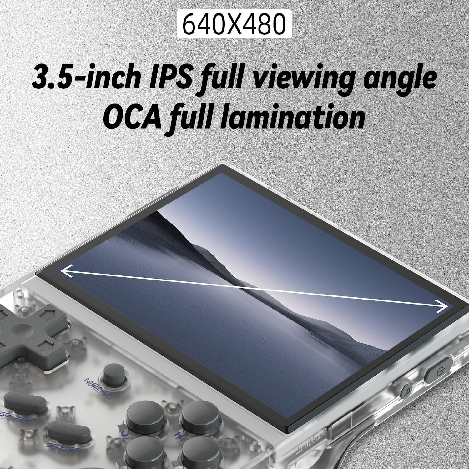 Een transparant handheld gamingapparaat met 3,5-inch scherm en bedieningselementen.