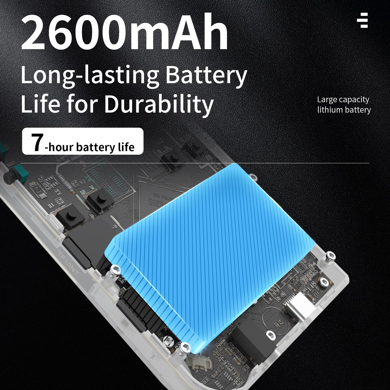 2600mAh batterij met 7 uur levensduur, lithiumbatterij met grote capaciteit.