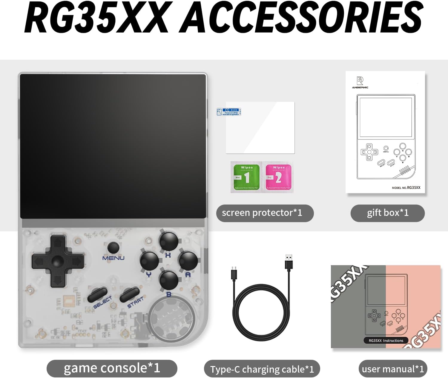 RG35XX accessoires: Console, oplaadkabel, schermprotector, handleiding, geschenkdoos.