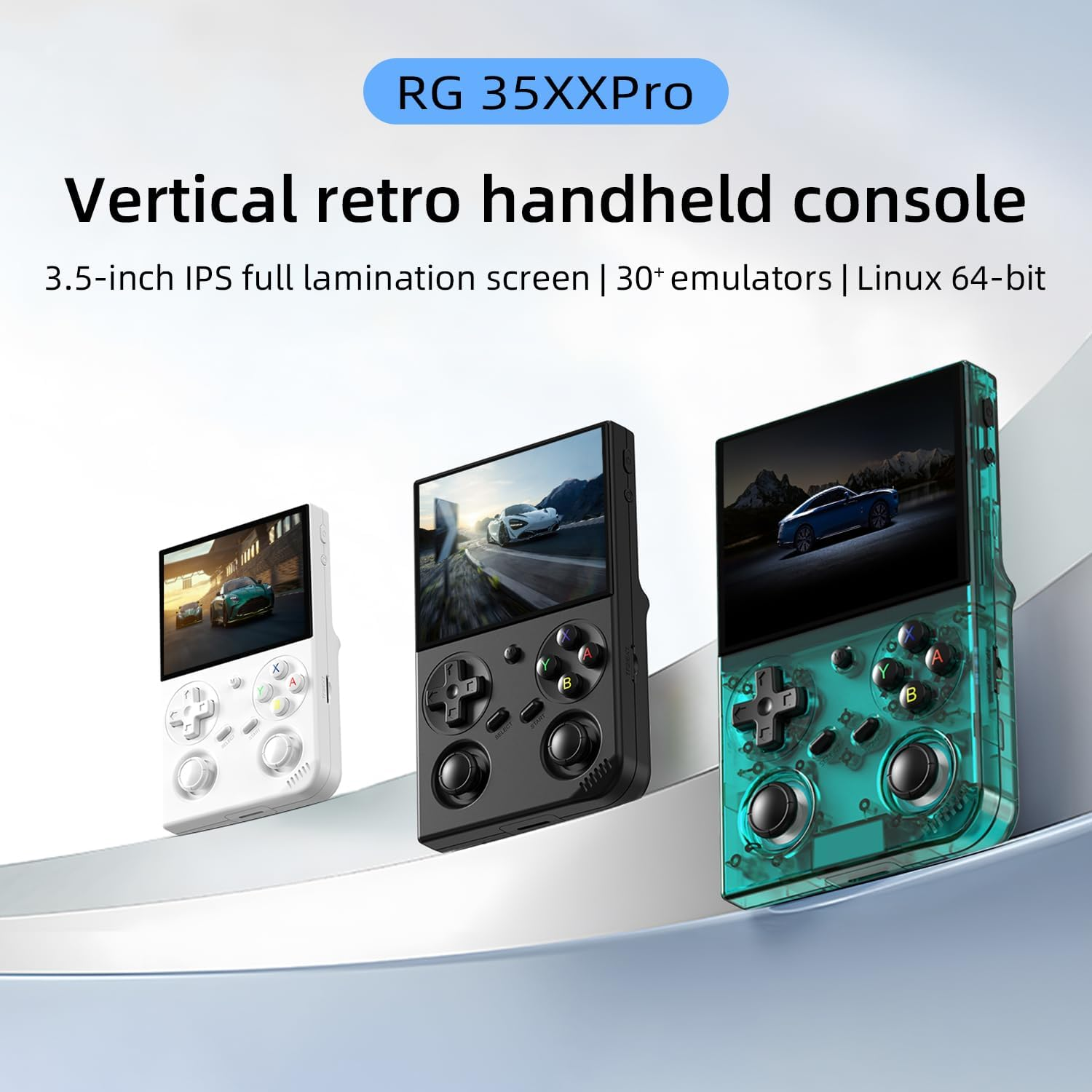 Drie verticale retro handheld consoles in wit, zwart en doorschijnend groen.