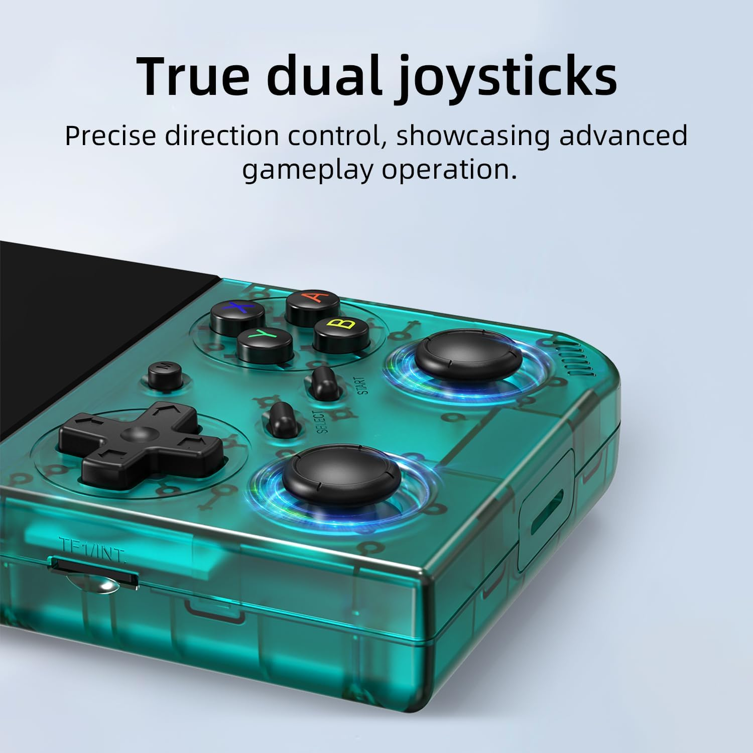 Een transparante groene gamecontroller met twee joysticks, D-pad en knoppen.