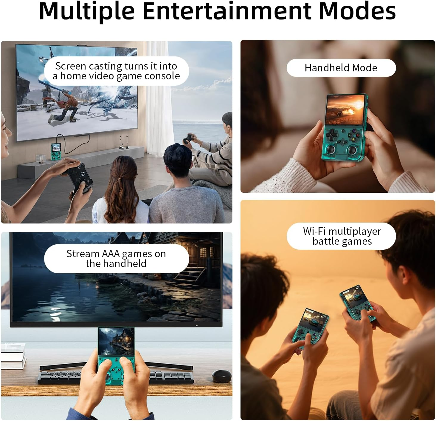 Vier afbeeldingen tonen verschillende gamemodes: tv-casting, handheld, AAA-game streaming en multiplayer.