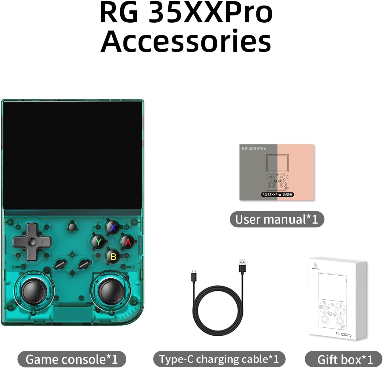 Groene handheld console met accessoires: oplaadkabel, handleiding, geschenkdoos.