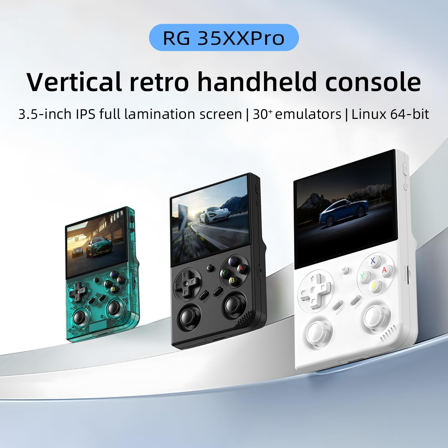 Drie verticale retroconsoles RG 35XXPro in groen, zwart en wit.