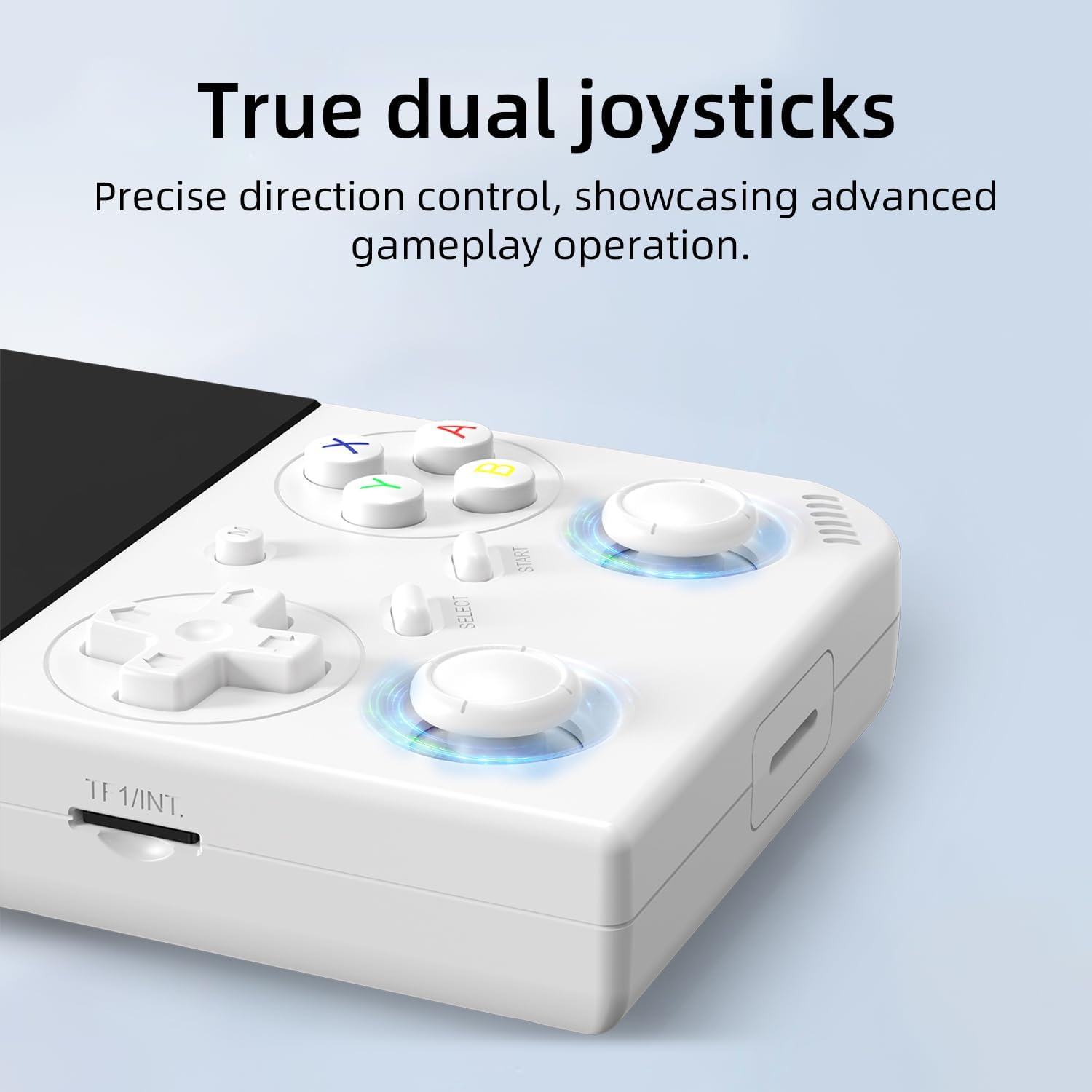 Een witte gamecontroller met dubbele joysticks, A-, B-, X-, Y-knoppen en een D-pad.