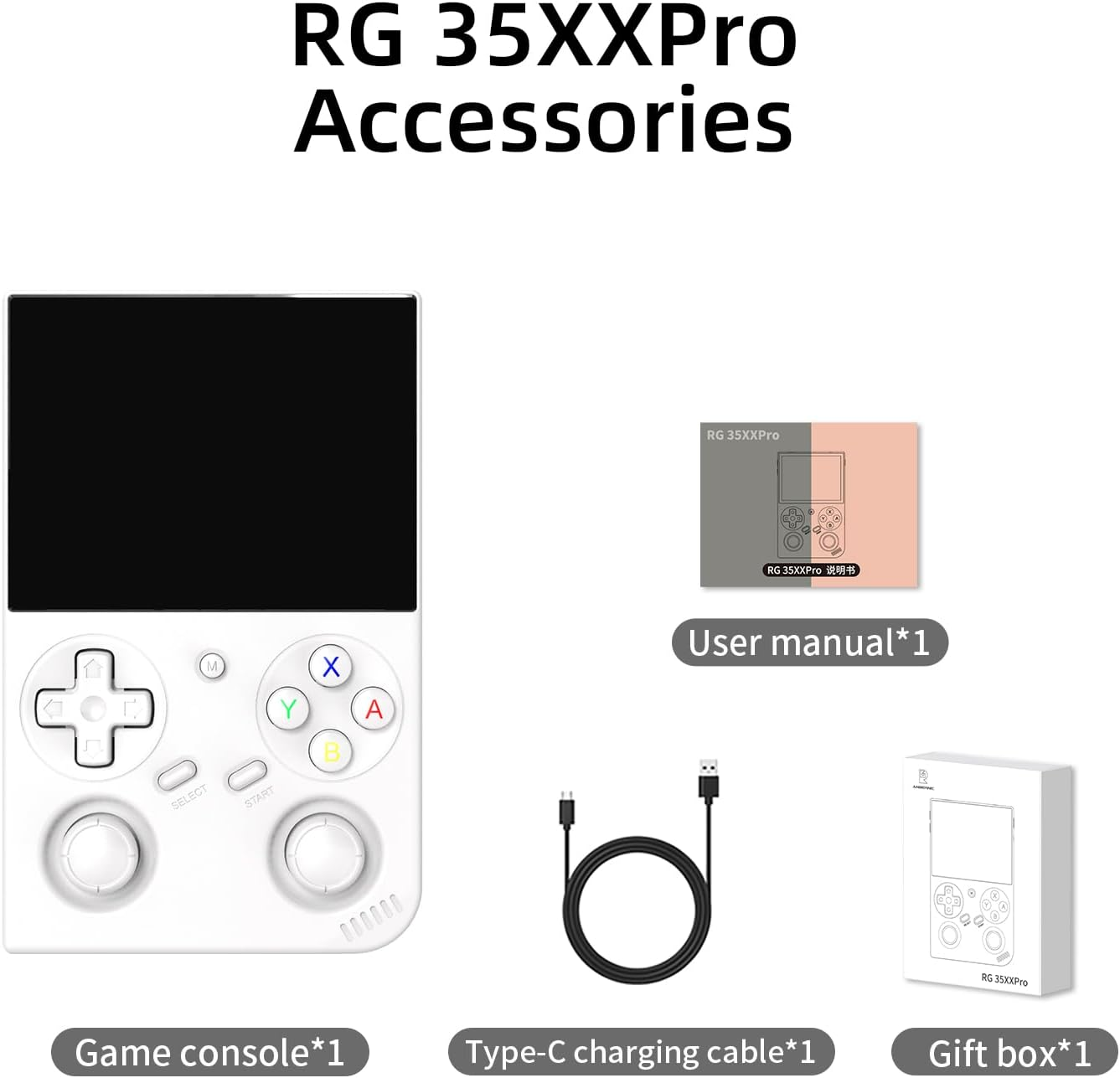 Een spelcomputer, kabel, handleiding en geschenkdoos voor RG 35XXPro.