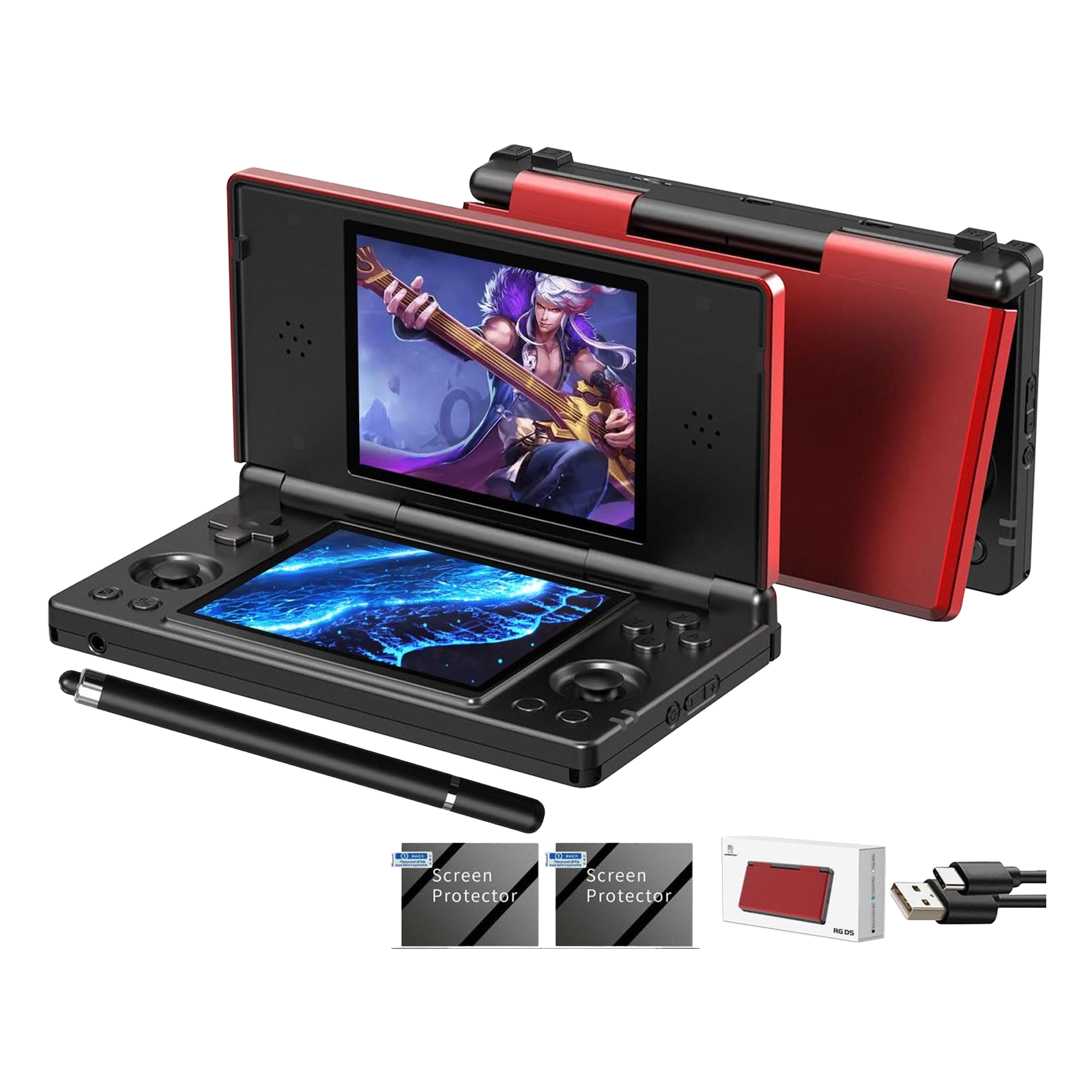 Rood en zwart handheld spelcomputer met stylus, twee screenprotectors en USB-kabel.