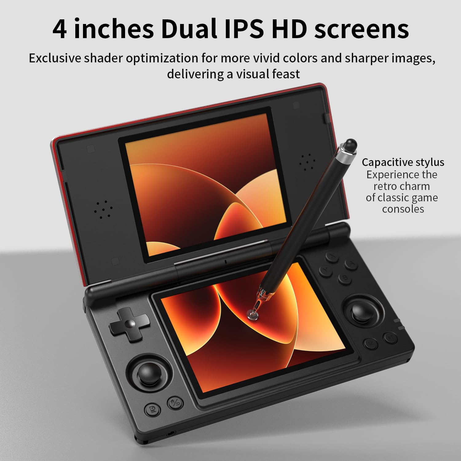 Een rood handheld gameapparaat met dubbele schermen, met een stylus.
