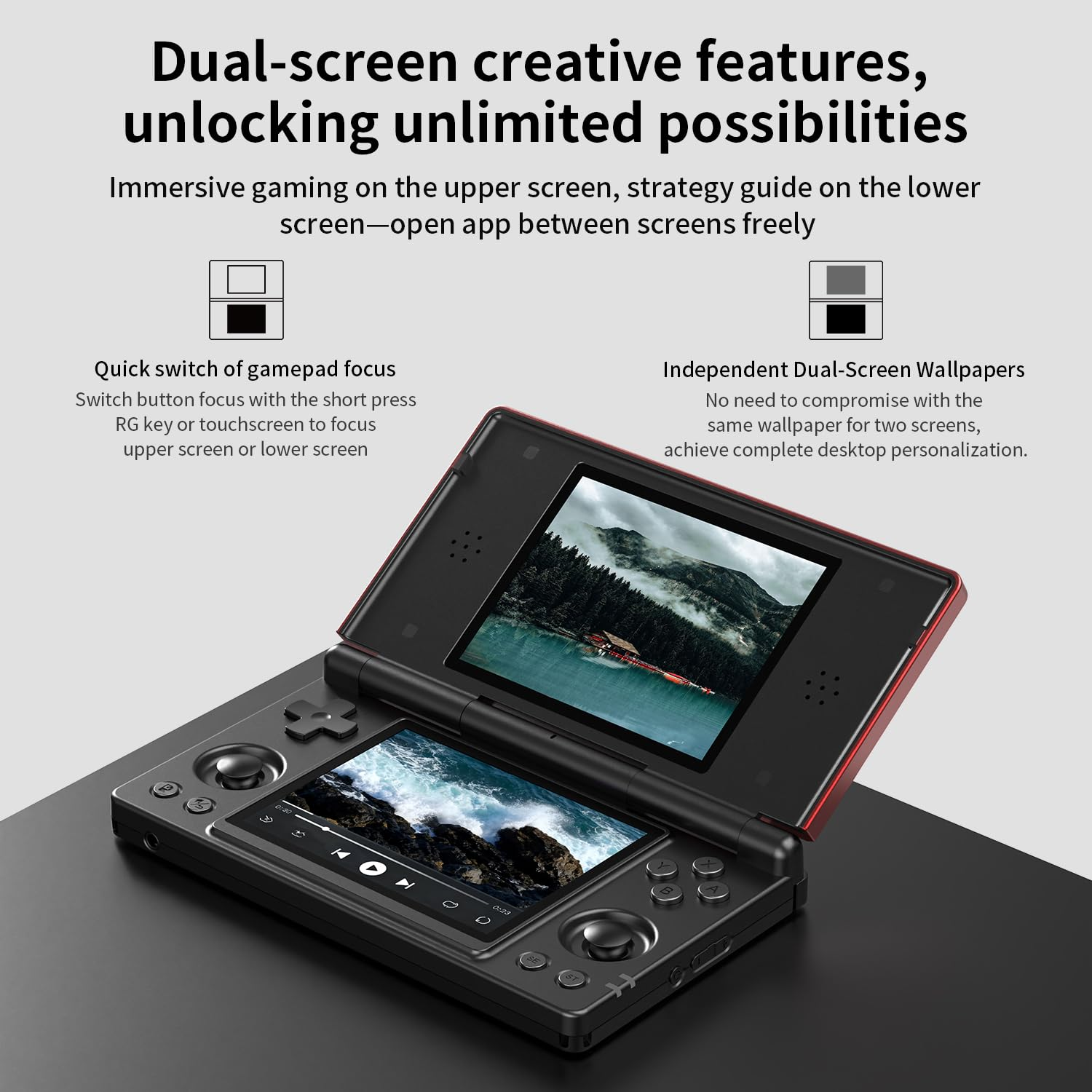 Een zwart handheld gameapparaat met dubbel scherm wordt weergegeven.