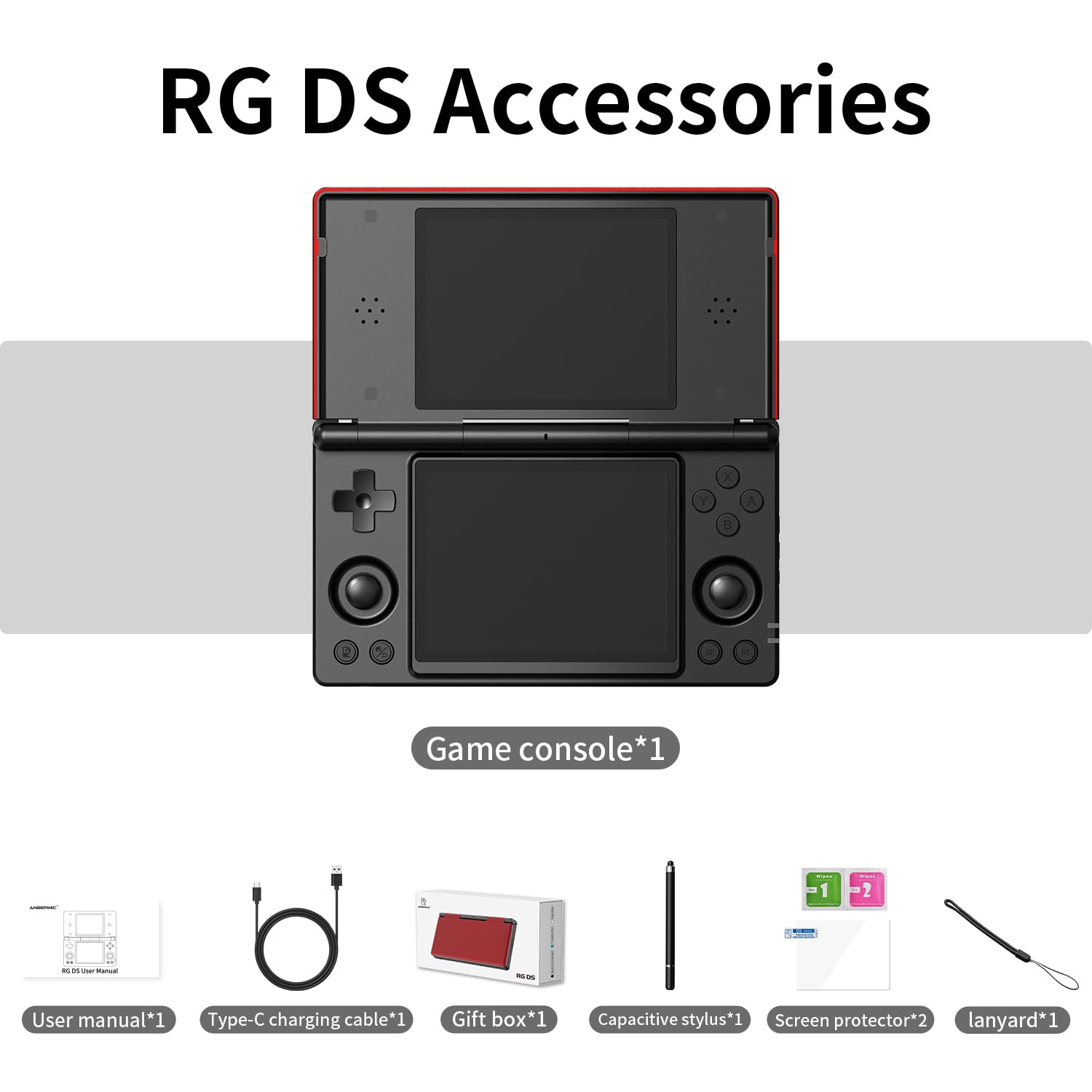 RG DS accessoires: Gameconsole, handleiding, kabel, geschenkdoos, stylus, screenprotector, lanyard.