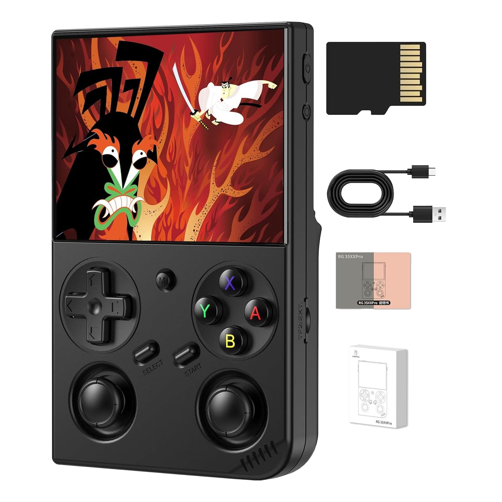 Zwarte handheld gameconsole met Samurai Jack-scherm, SD-kaart, kabel en handleidingen.