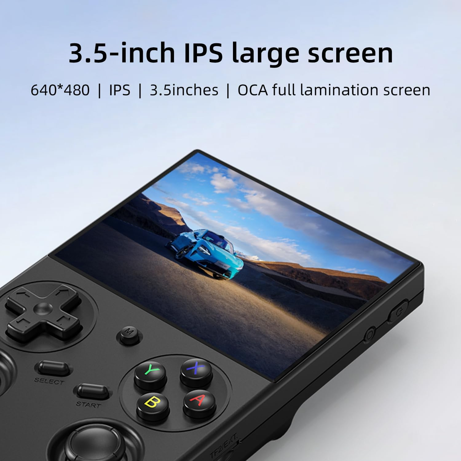 Een zwart handheld apparaat met een 3,5-inch IPS-scherm waarop een blauwe auto wordt weergegeven.