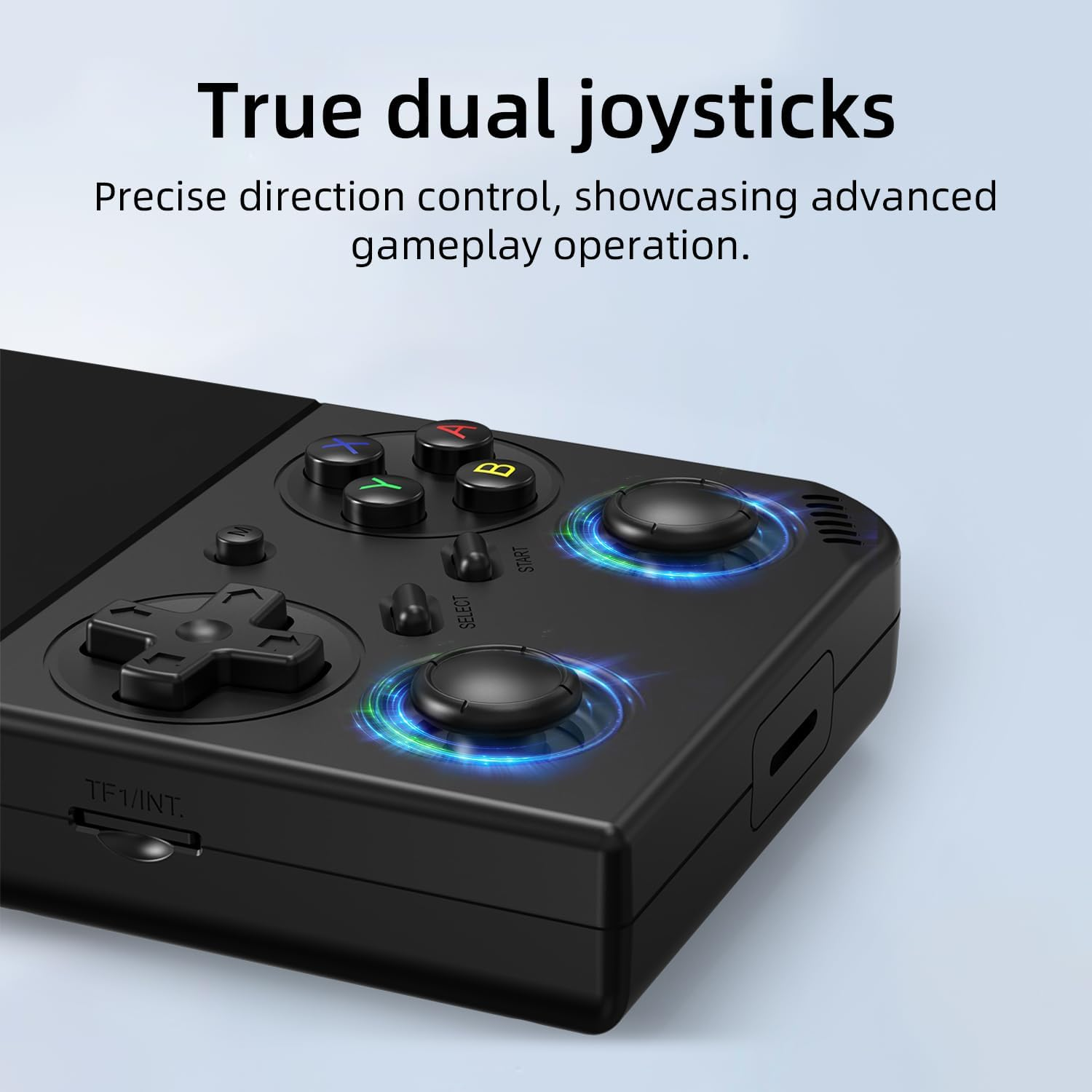 Zwarte gamecontroller met dubbele joysticks, D-pad en knoppen.