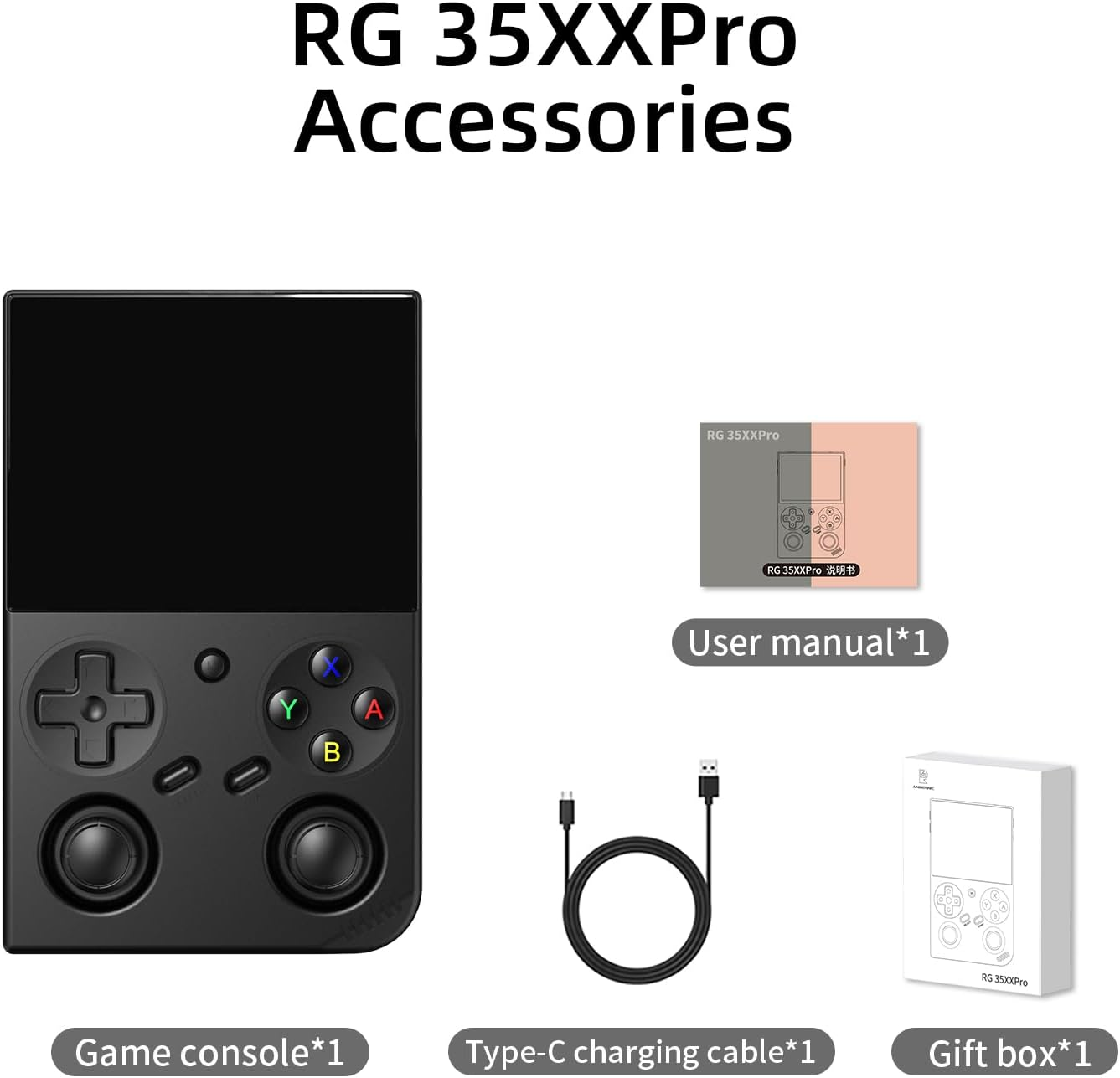 Een zwarte handheld gameconsole controller met kabel, handleiding en geschenkdoos.
