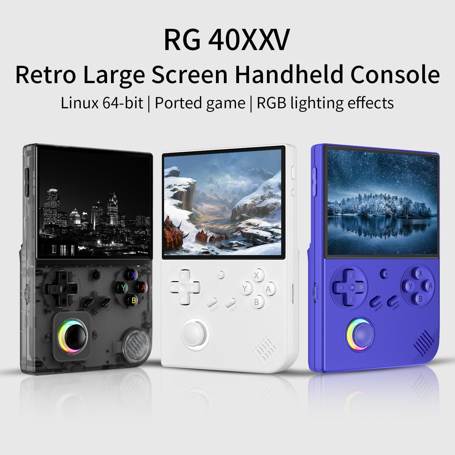 Drie RG 40XXV retro handheld consoles in zwart, wit en paars, tonen spellen op schermen.
