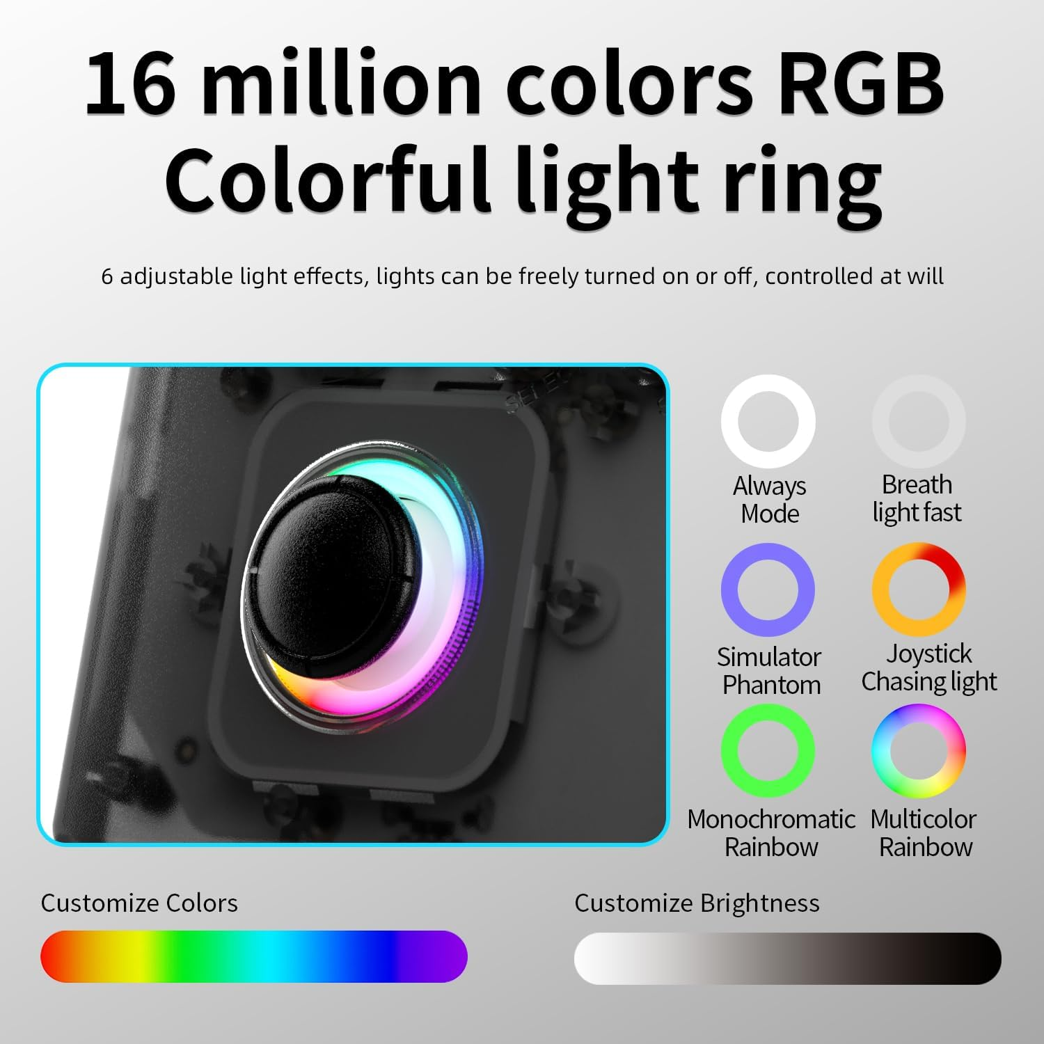 RGB-lichtring met 16 miljoen kleuren, 6 effecten, aanpasbare kleuren/helderheid.
