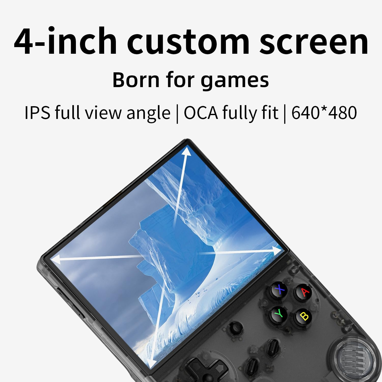 Een grijze draagbare gaming-speler met een 4-inch scherm dat ijsbergen toont.