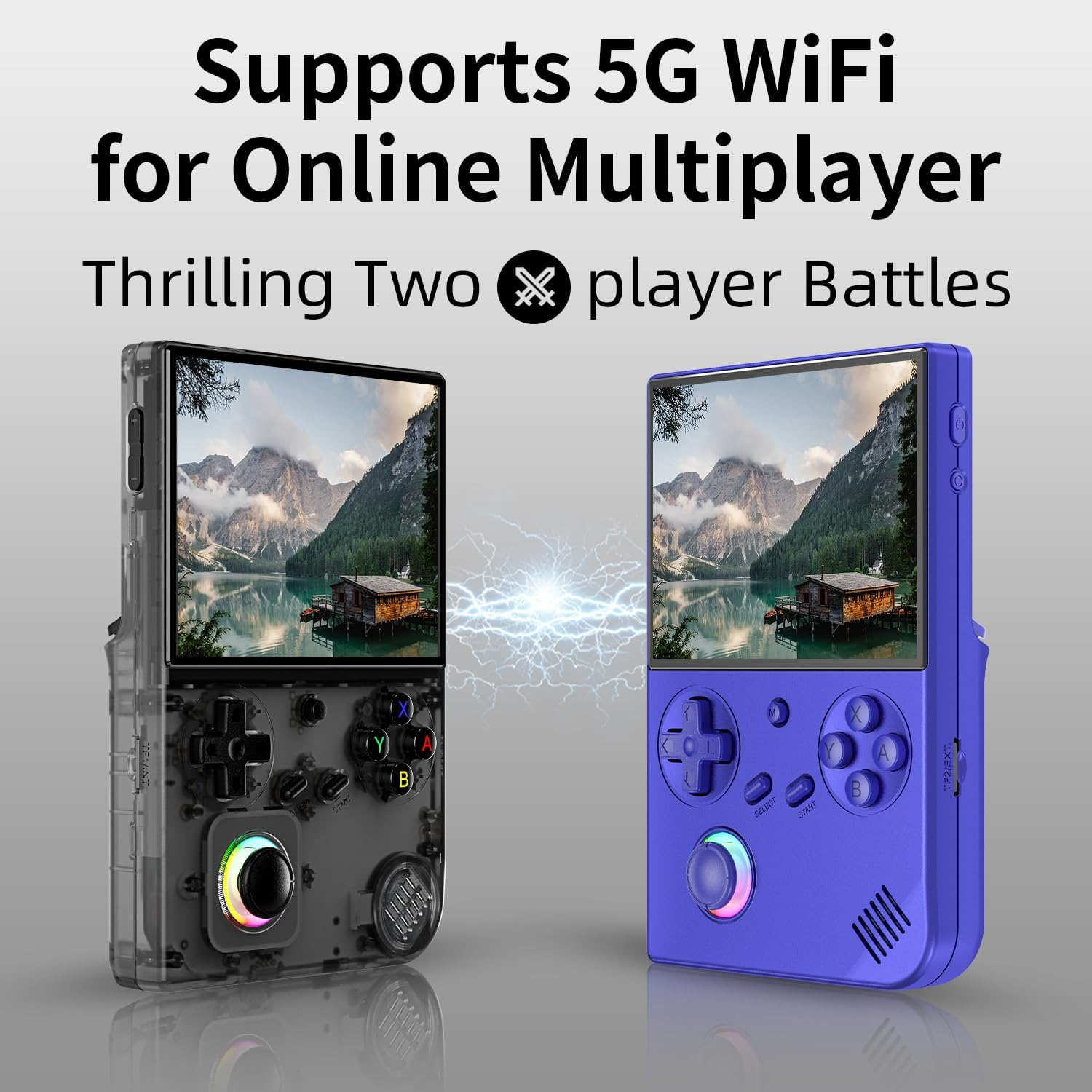 Twee handheld gameconsoles met bergmeer-taferelen op de schermen.