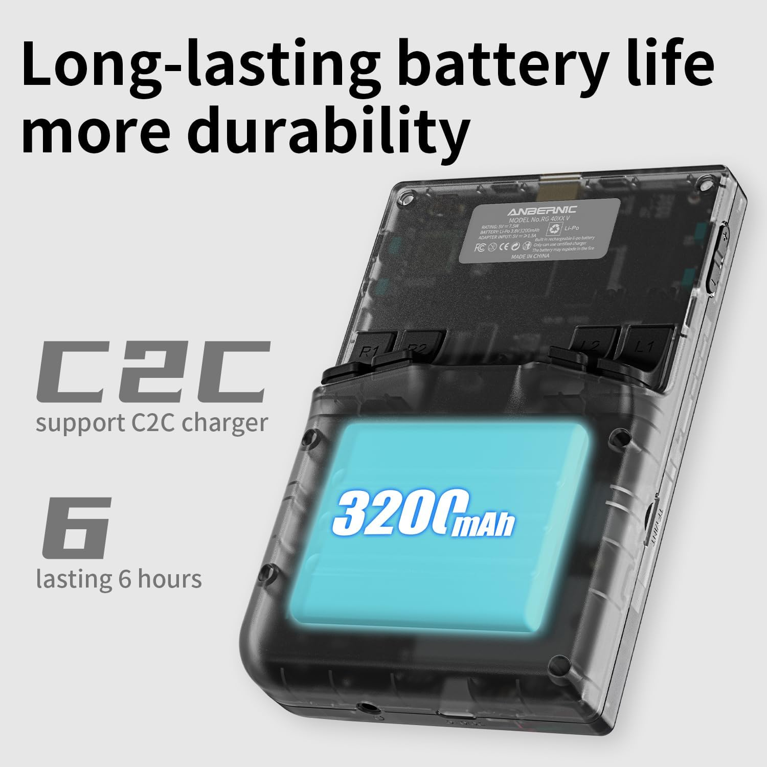 Een transparant handheld apparaat met "3200mAh" en "6 uur" batterijduur.