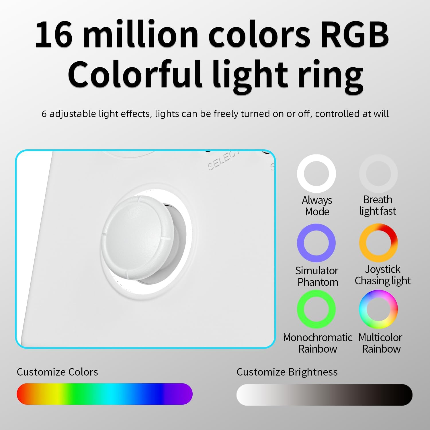 RGB-lichtring met 16 miljoen kleuren, instelbare effecten en modi.