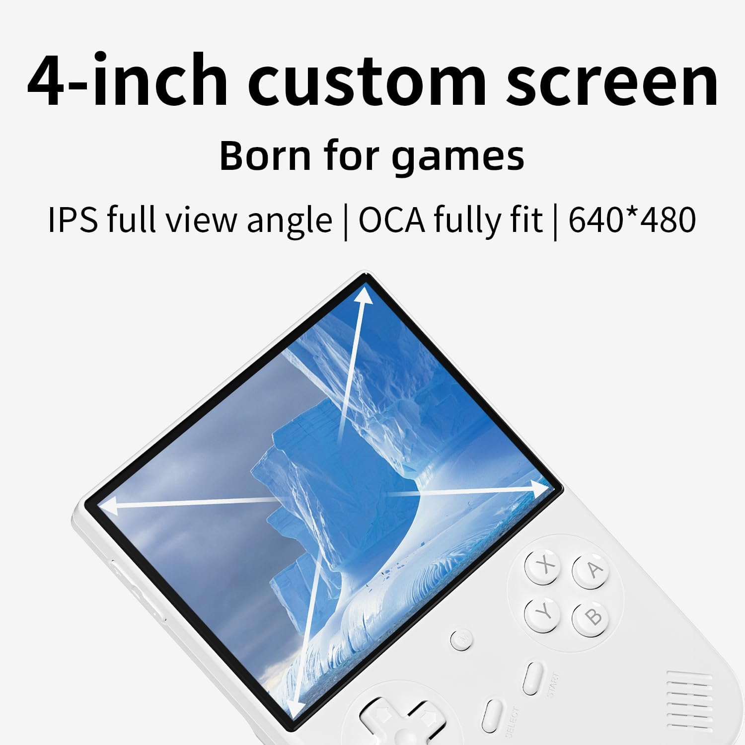 Een wit handheld apparaat met 4-inch scherm dat ijsbergen toont.