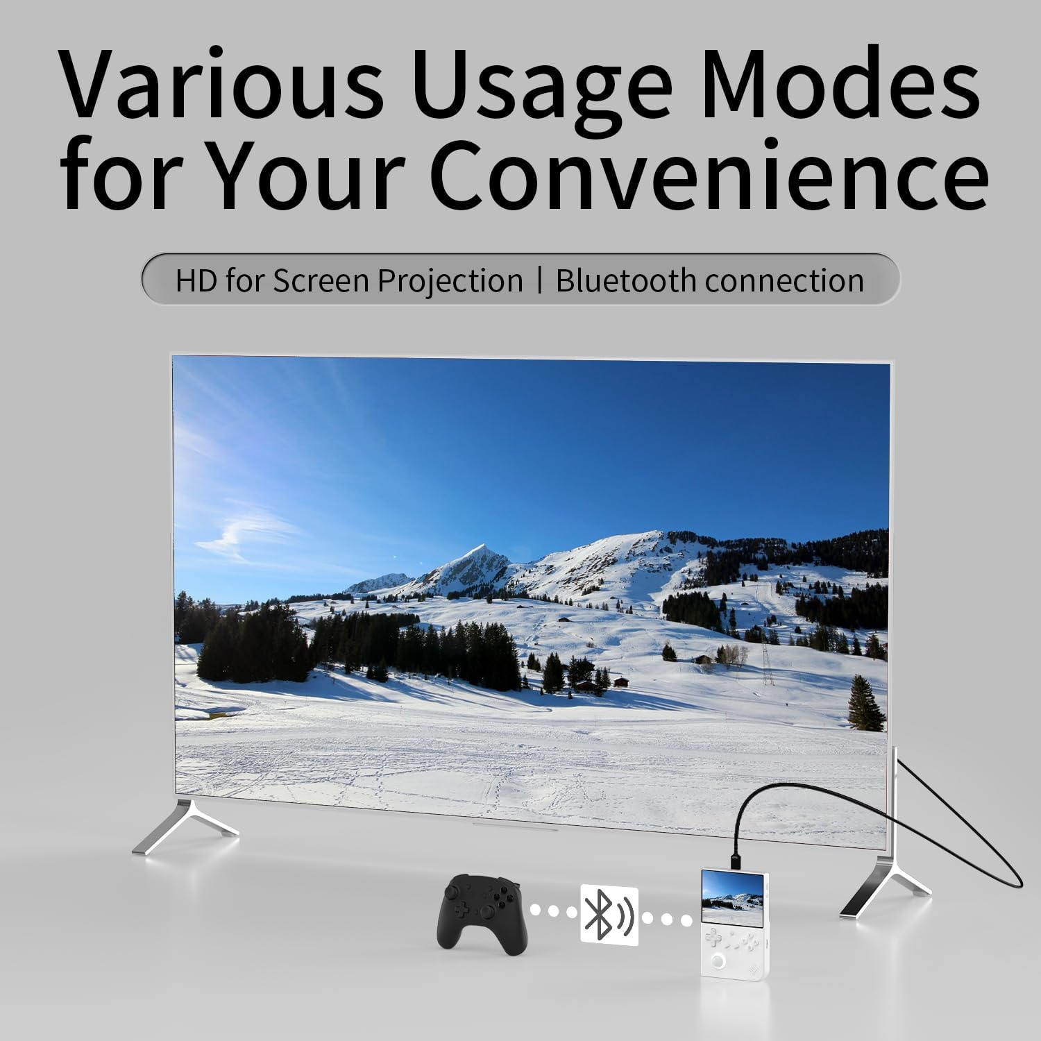 Een moderne tv toont een besneeuwd berglandschap. Een gamecontroller en handheld apparaat verbinden via Bluetooth.