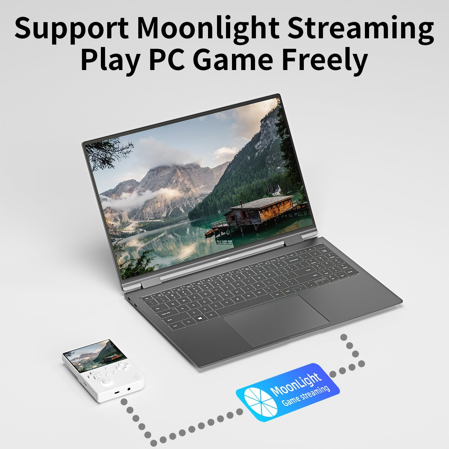 Een laptop en handheld apparaat tonen bergmeer-scènes. Moonlight Game Streaming.