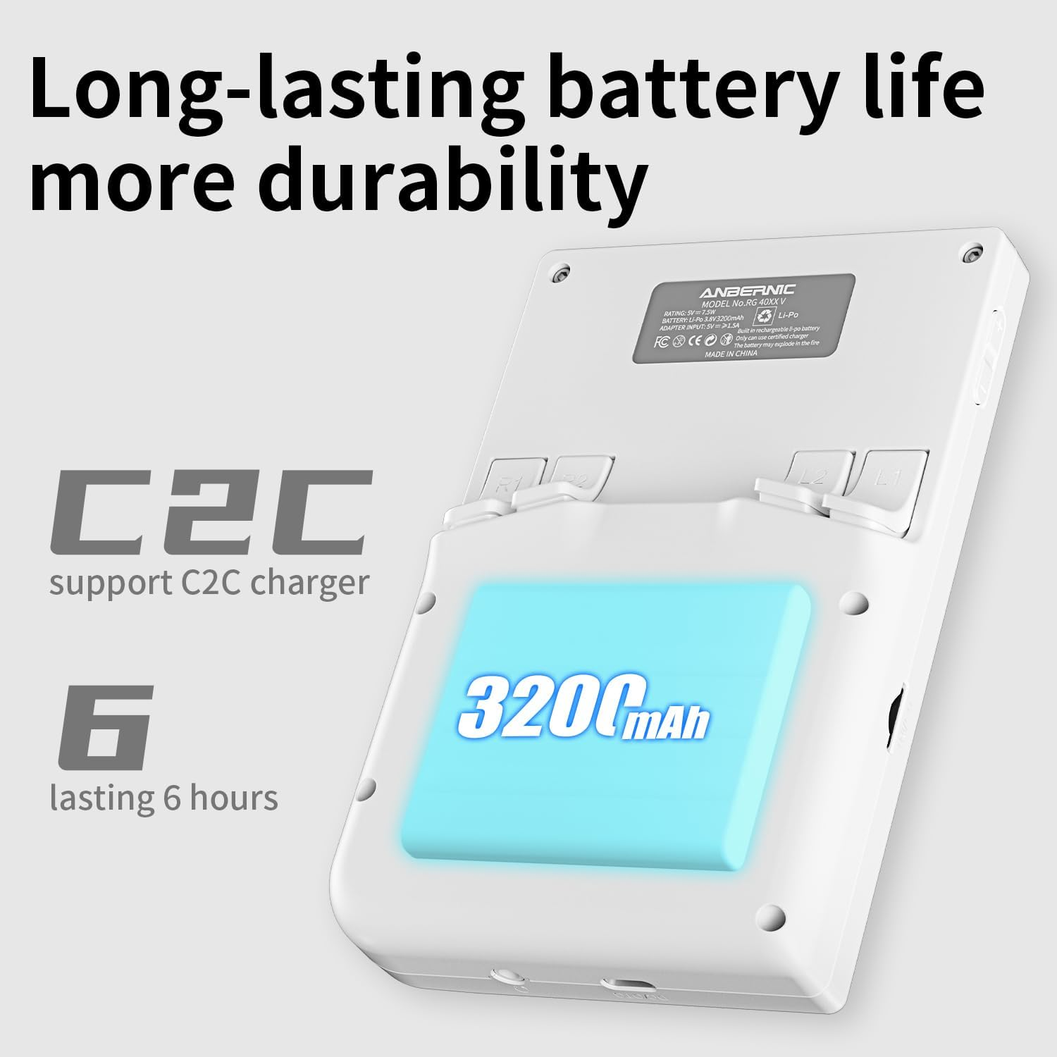 Wit handheld apparaat met "3200mAh" en "6 uur batterijduur" tekst.