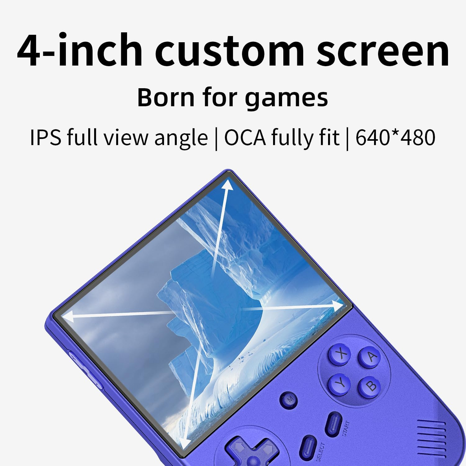 Paarse handheld gameconsole met 4-inch scherm dat een ijzig landschap toont.