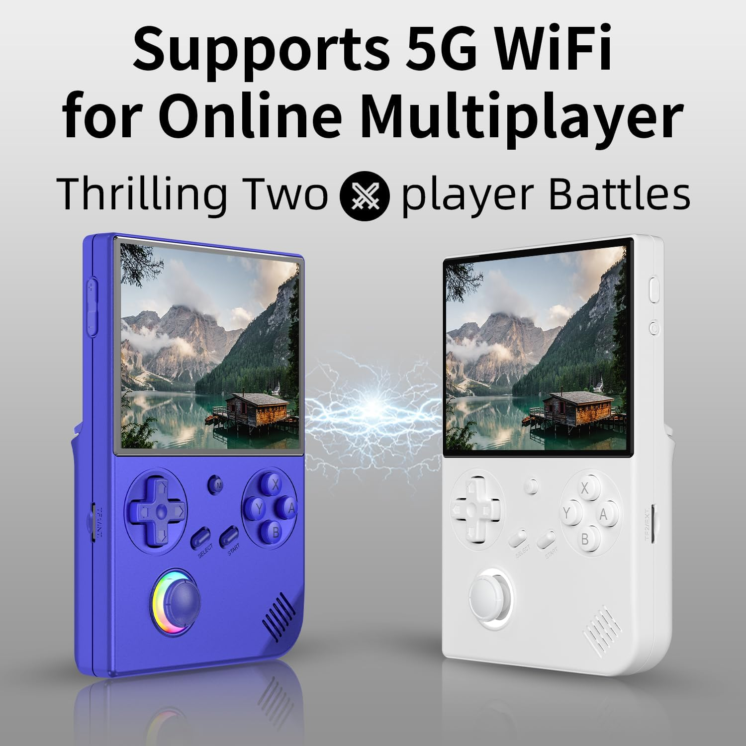 Twee handheld consoles tonen bergmeren; één blauw, één wit. Ondersteunt 5G.