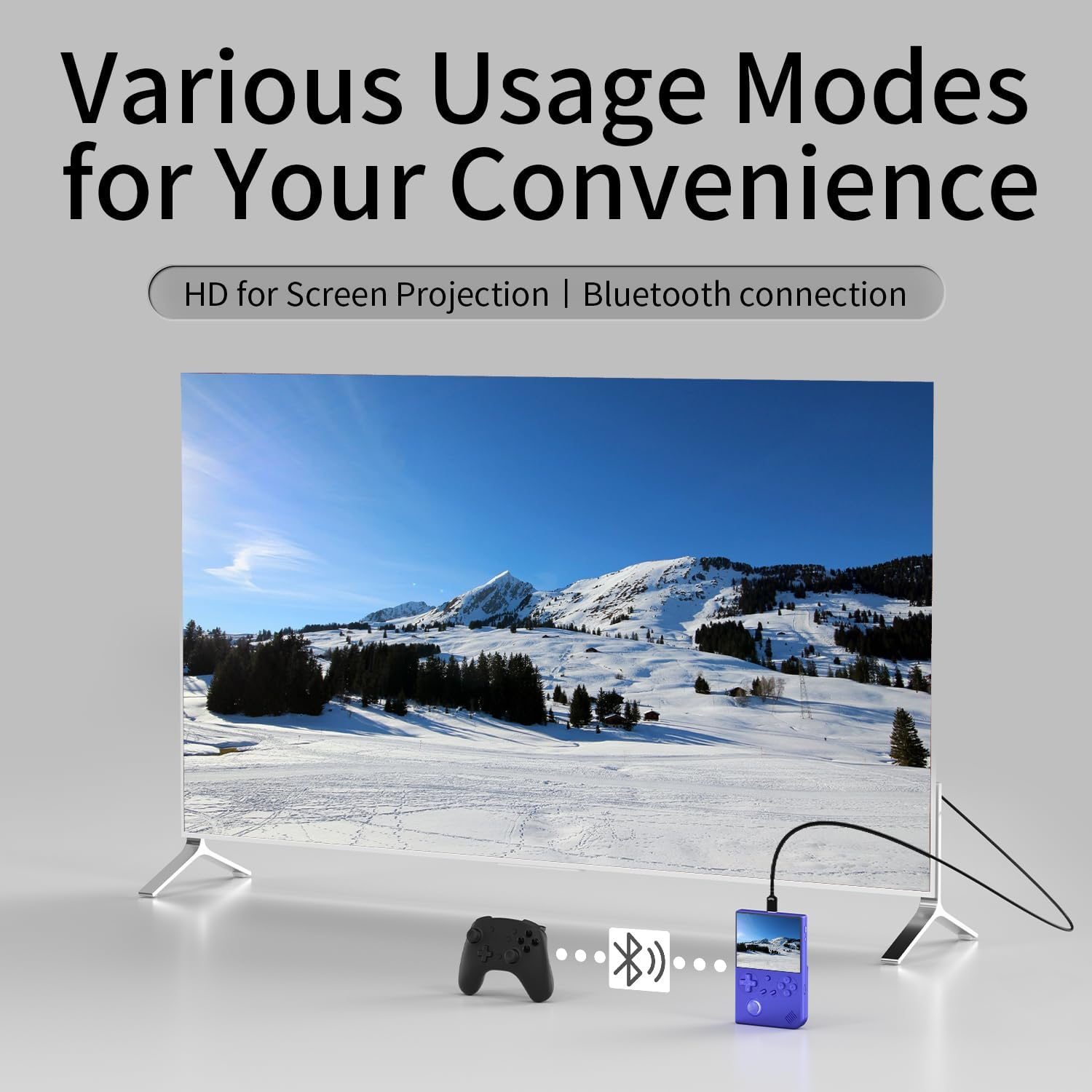 Zwarte controller, Bluetooth-symbool en paars apparaat voor tv met winterlandschap.
