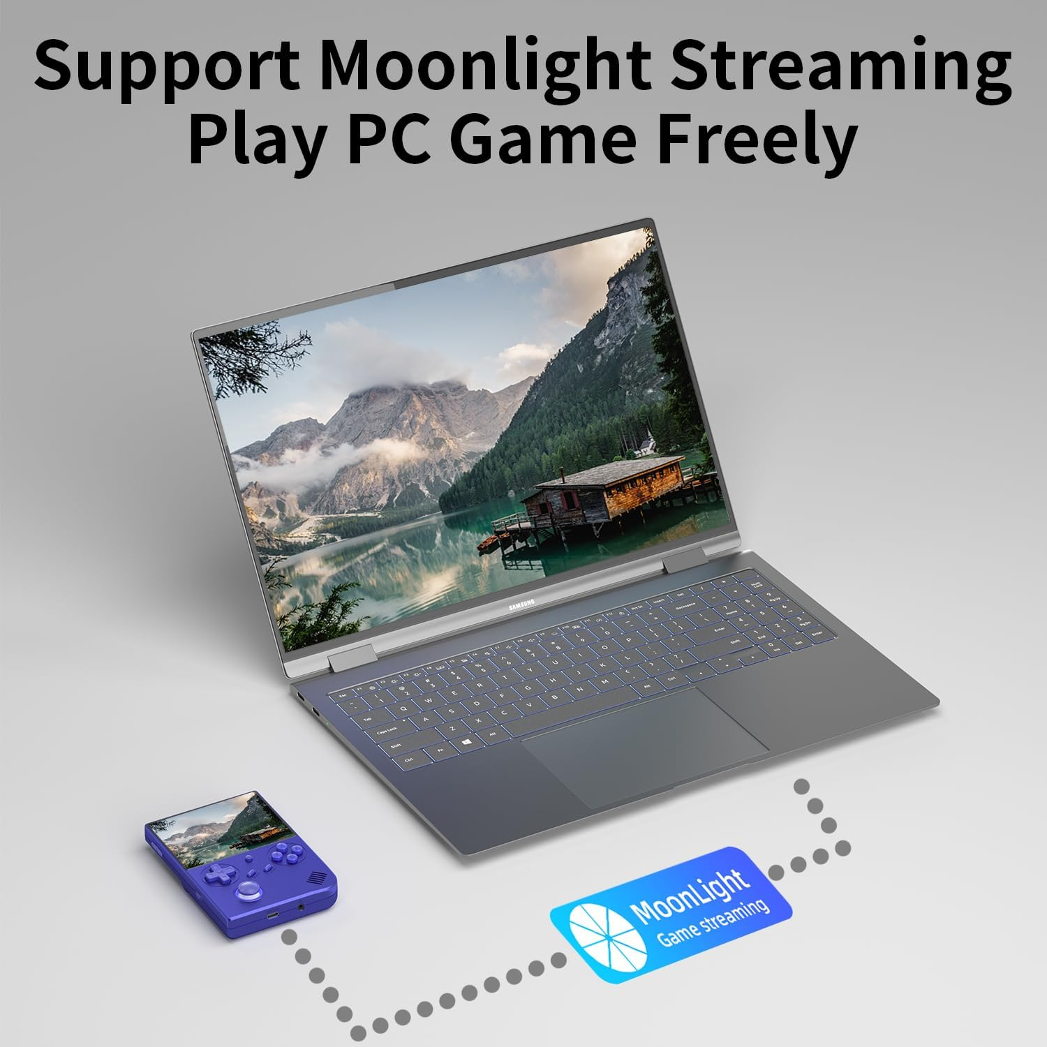 Een laptop en handheld controller tonen berg- en meerlandschappen. Moonlight Game streaming.