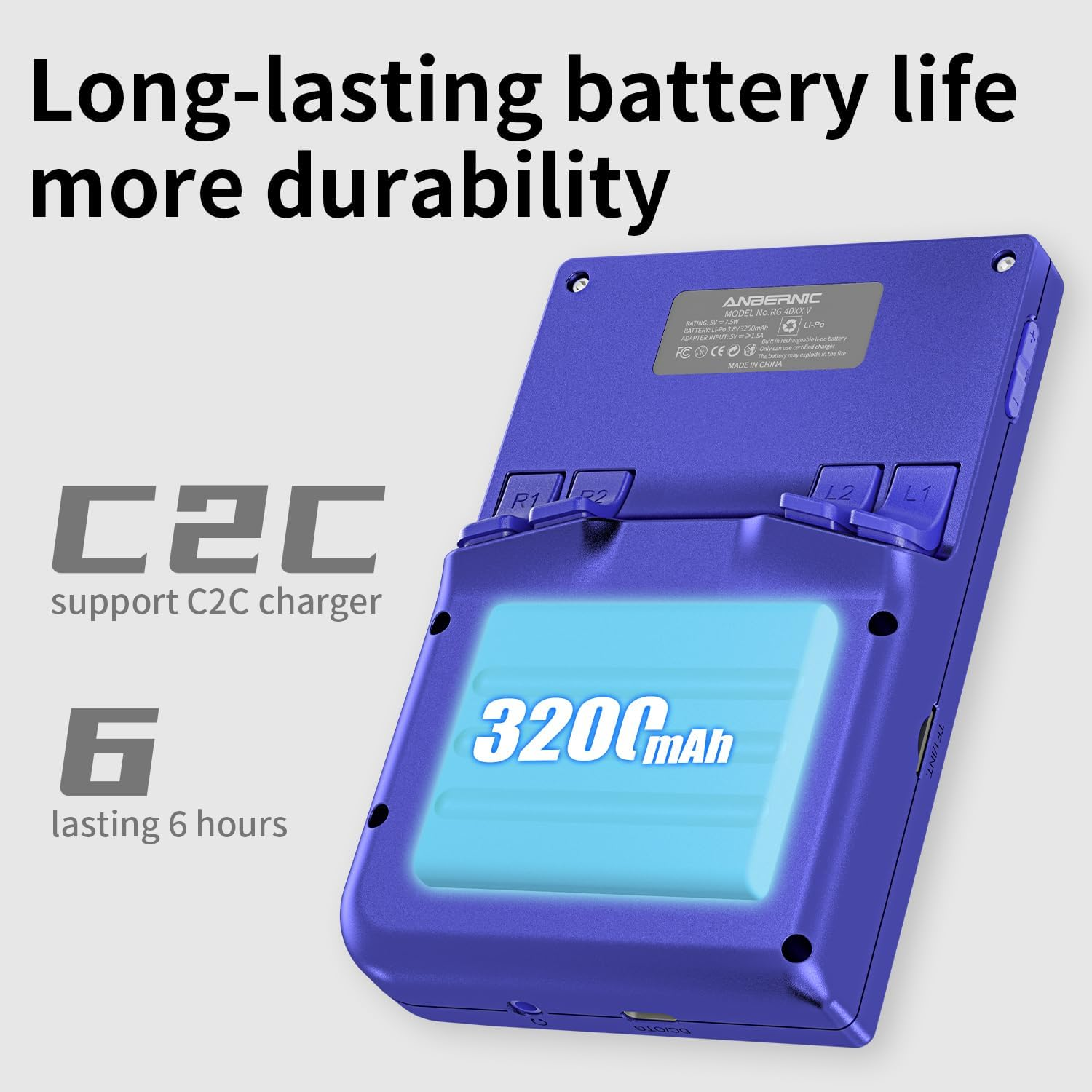 Een paars handheld apparaat met "3200mAh" en "C2C support 6 hours lasting".