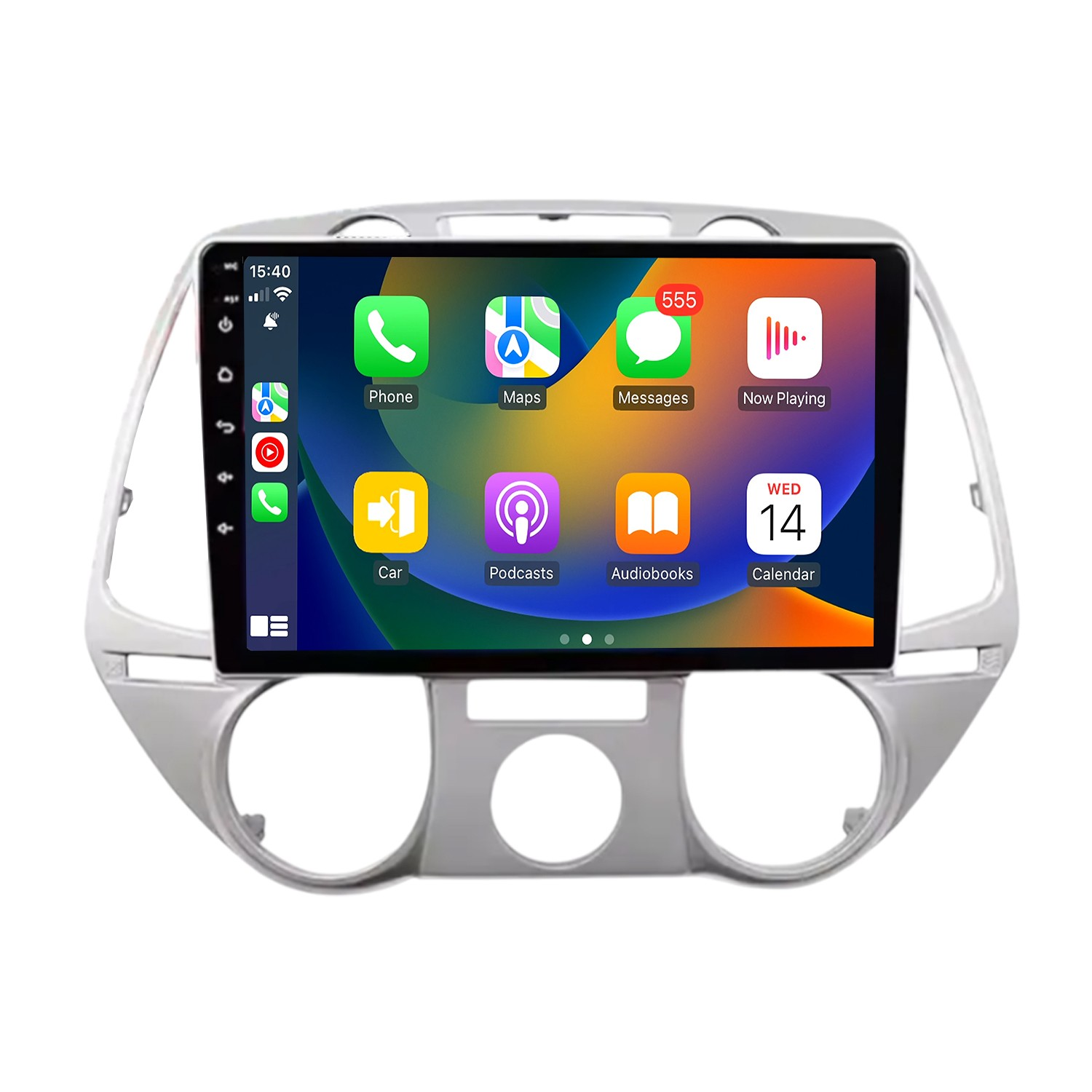 Gümüş araç stereo ekranında Telefon, Haritalar ve Takvim gibi uygulama simgeleri.