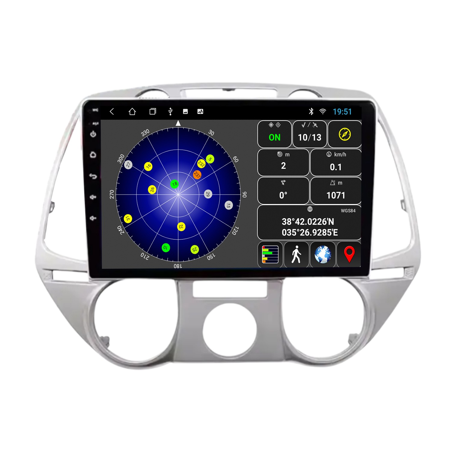 Bir araba stereo navigasyon sistemi uydu ve GPS verilerini gösterir.