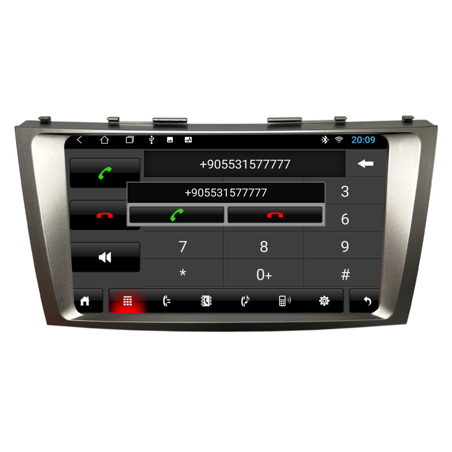 Araç stereo ekranı, tuş takımı ve +90553157777 numaralı arama kaydı gösteriliyor.
