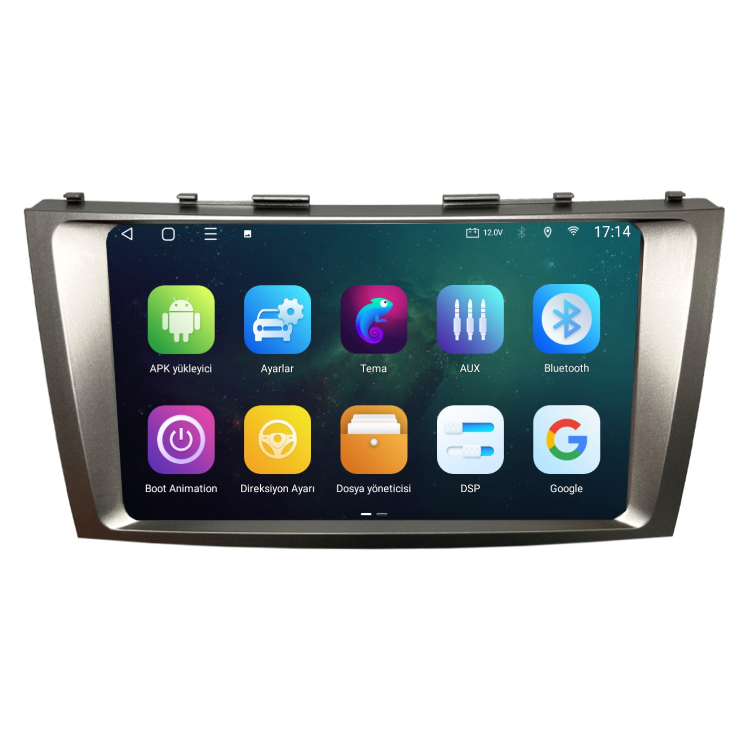 APK, Ayarlar, Tema, AUX, Bluetooth, Boot, Direksiyon, Dosyalar, DSP, Google simgelerini gösteren araç multimedya ekranı.